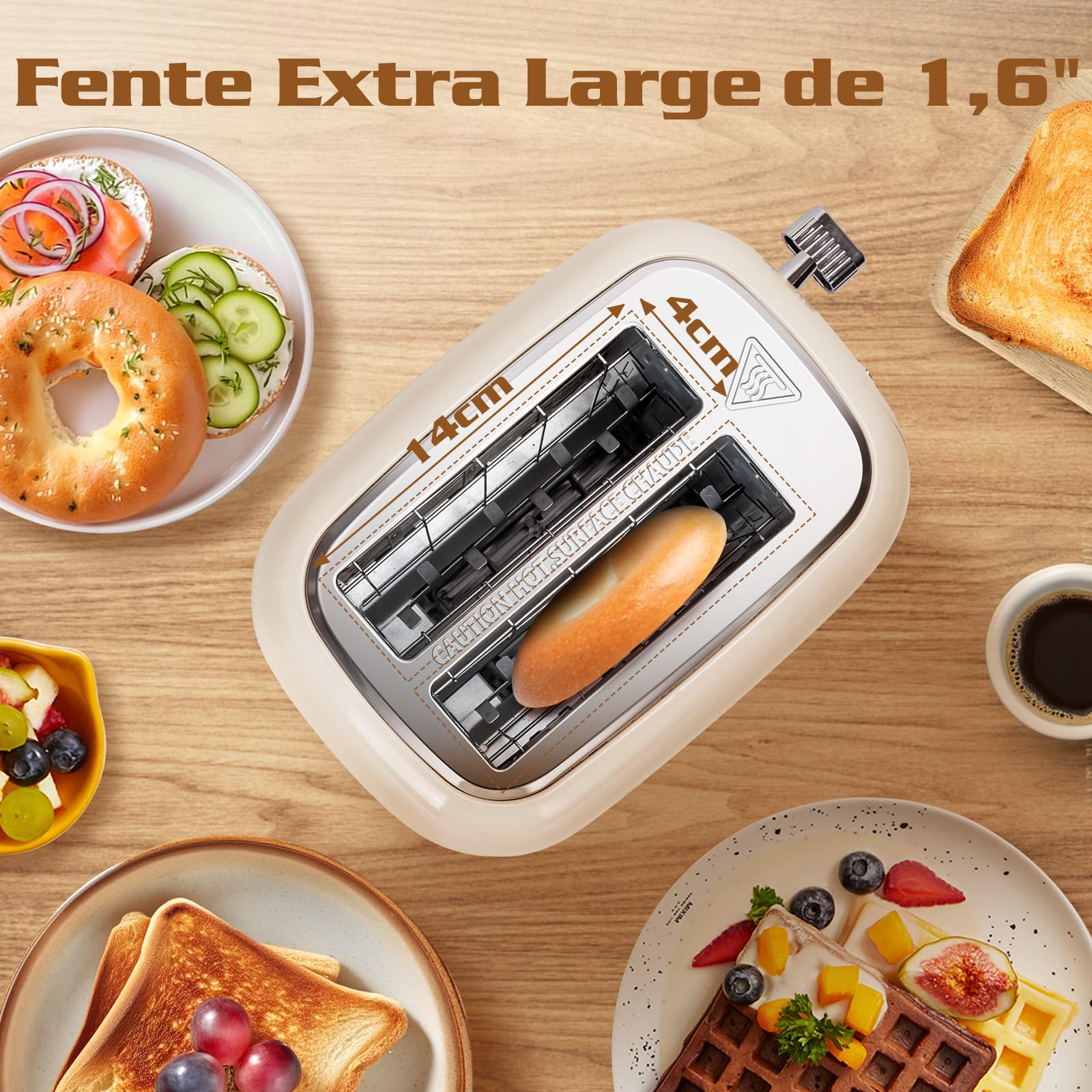 Aigostar Grille Pain, 2 Fentes Extra-Larges, Vintage Inox Crème, 6 Niveaux de Dorage, Fonction Bagel/Décongélation/Réchauffage/Annulation, Tiroir Ramasse-Miettes Amovible, 800W. Cream