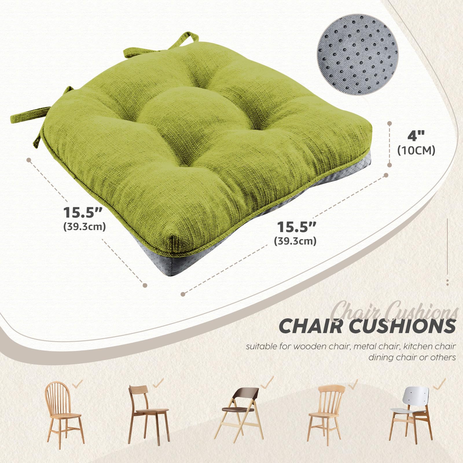 widesmile Chair Cushions for Dinning Chairs Set of 4 Memory Foam Kitchen Chair Cushion with Ties and Non Slip Backing - Image 2
