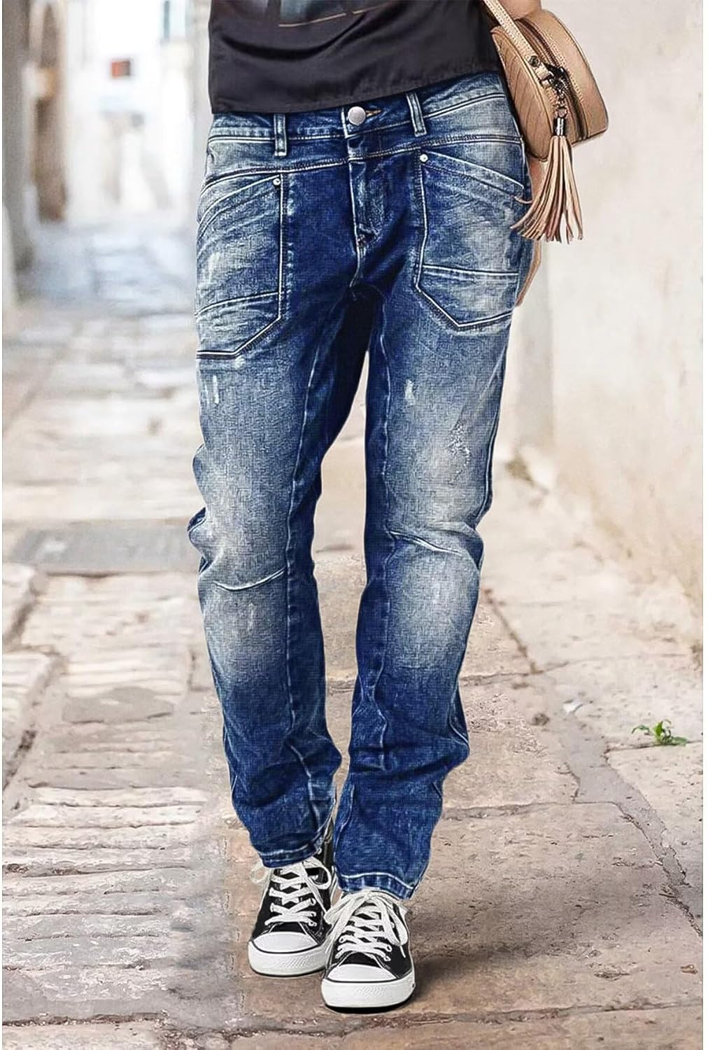 Flamingals Straight Leg High Waist Women's Jeans Wash Stitch Detail Vintage Denim Pants - Image 2