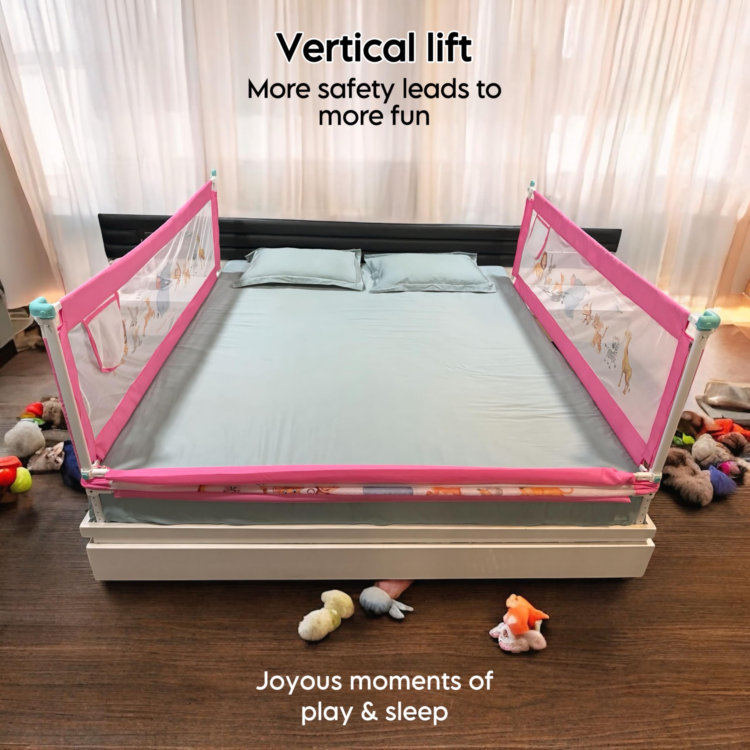 HAOWKI Baby Bed Rail Guard for Kids | Foldable Safety (6ft x 2ft) Bed Fence with Animal Print | Tear-Free Mesh | Suitable for All Bed Sizes (3, Pink) - Image 4 thumbnail