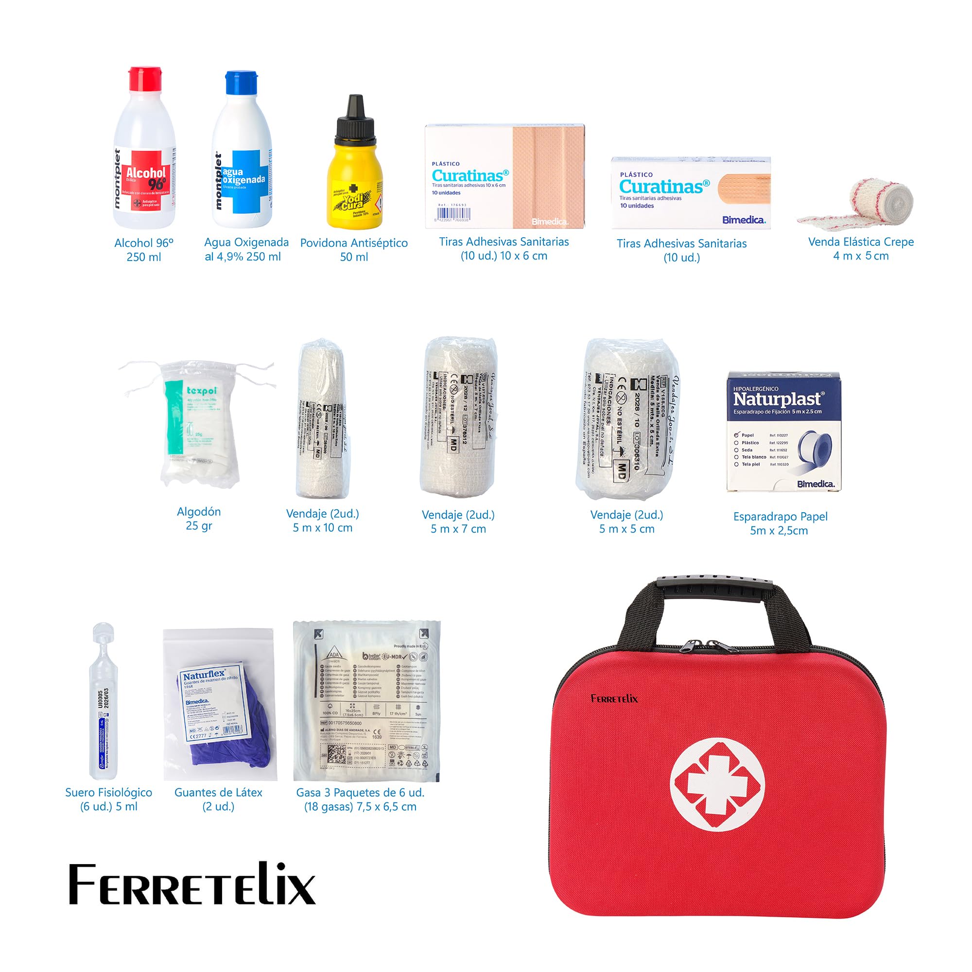 FERRETELIX® Botiquin neceser primeros auxilios con dotacion 25 cm x 20 cm x 8 cm Completo Emergencia, Para Viaje y Acampada, Coche, Supervivencia, Excursión, Montaña, Senderismo, Aventura, Rojo.