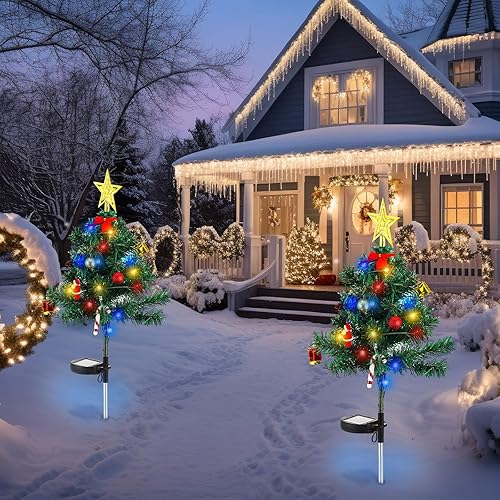 Miniatura 10 de 2 luces solares para árbol de Navidad para jardín, árbol de Navidad al aire libre, decoración de patio, estacas solares LED multicolor para camino,
