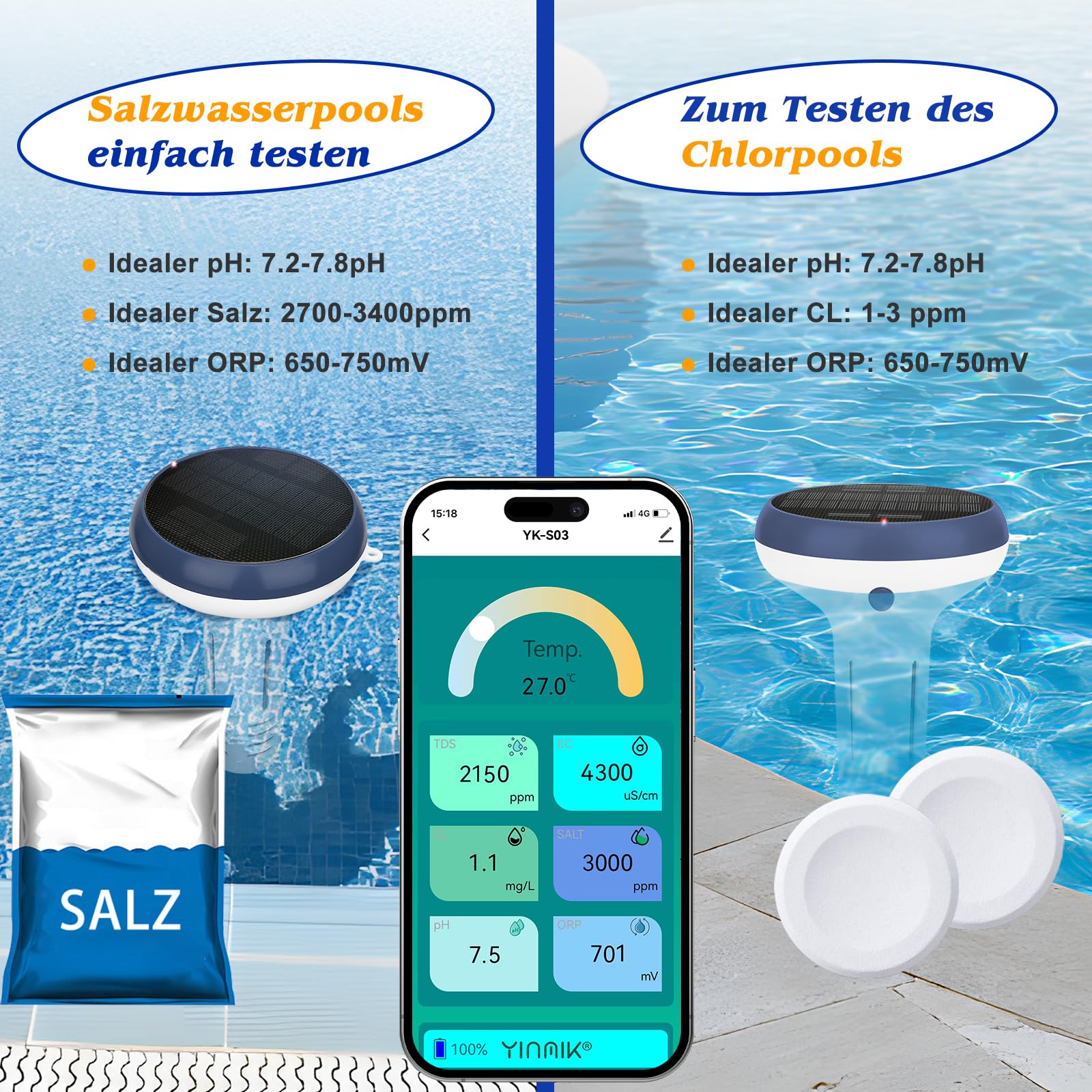 UIUZMAR Pool pH und Chlor Messgerät Intelligenter Poolmonitor, 7-in-1 pH Salz EC TDS Freies Chlor ORP und Thermometer für Schwimmbad, Schwimmender Solarbetriebener Chlormonitor für Whirlpool