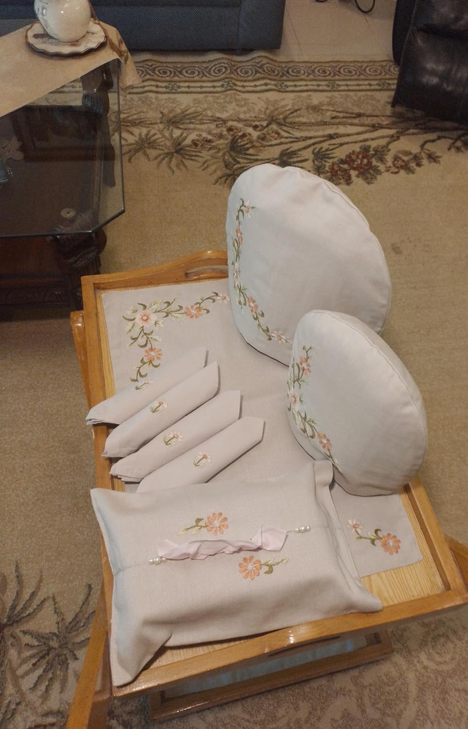 Handmade Embroidered Floral Cloth Tea Cozy, Trolley Mats, Napkins, Tissue Box Cover