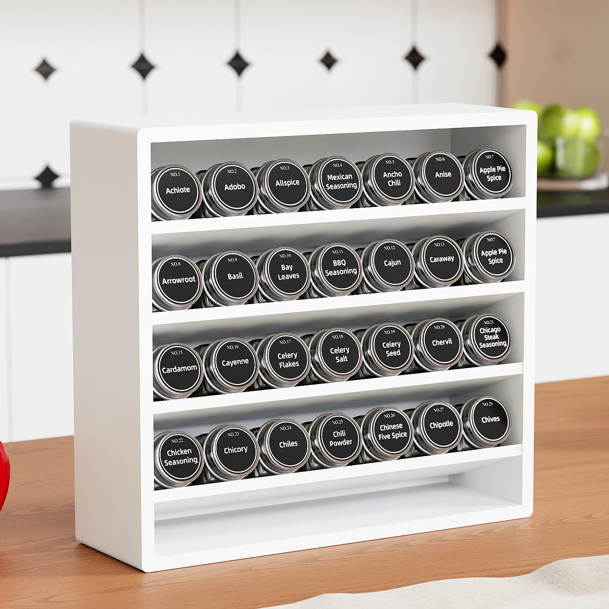 Orimade Étagère à épices à 4 niveaux pour armoire, étagère autoportante en bambou pour comptoir, placard, garde-manger, cuisine, 33,5 x 10,5 x 31 cm (pots à épices non inclus), blanc