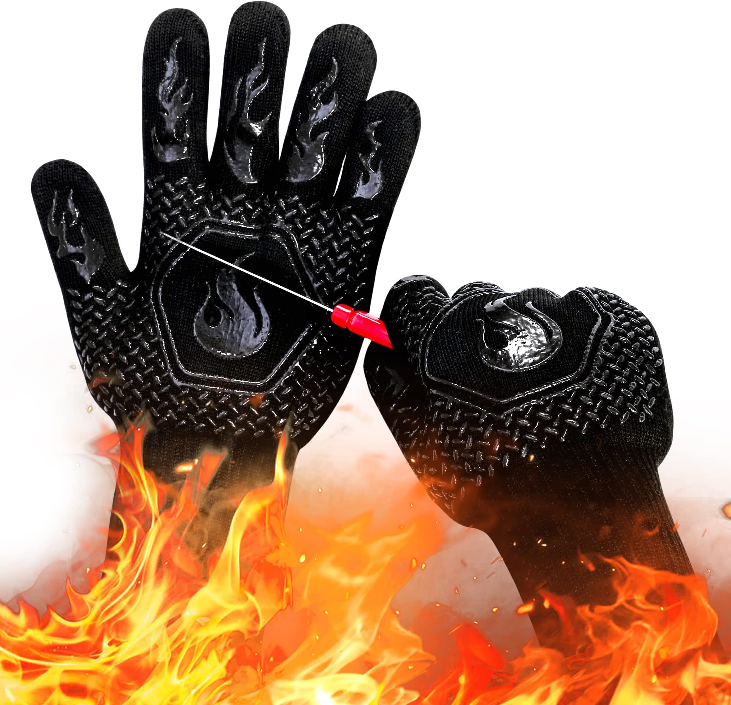 BBQ Fireproof Gloves, Grill Cut-Resistant 1472°F Heat Resistant Gloves, Non-Slip Silicone Oven Gloves, Kitchen Safe Cooking Gloves for Oven Mitts,Barbecue,Cooking, Frying,13.5 Inch-Black