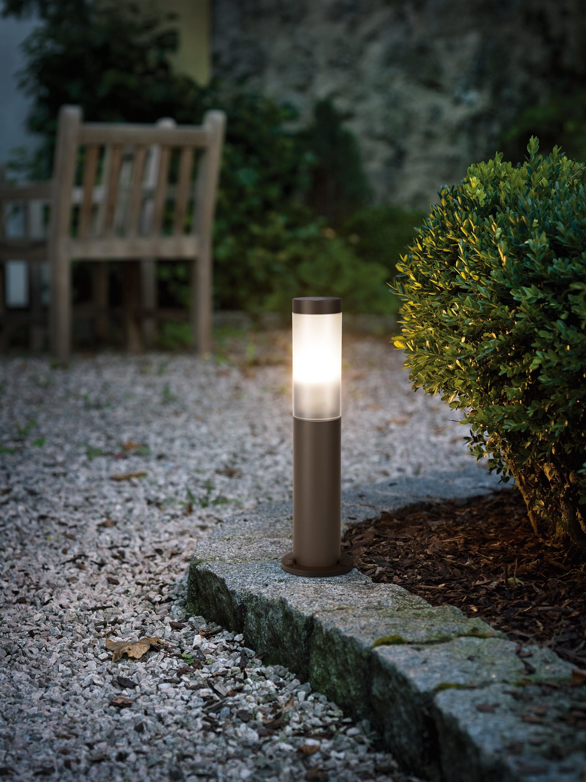 Eglo Helsinki Lámpara de pedestal para exteriores, lámpara de pie exterior con sensor de movimiento, iluminación para jardín y terraza, acero inoxidable en marrón rojizo, IP44, H 45 cm, E27