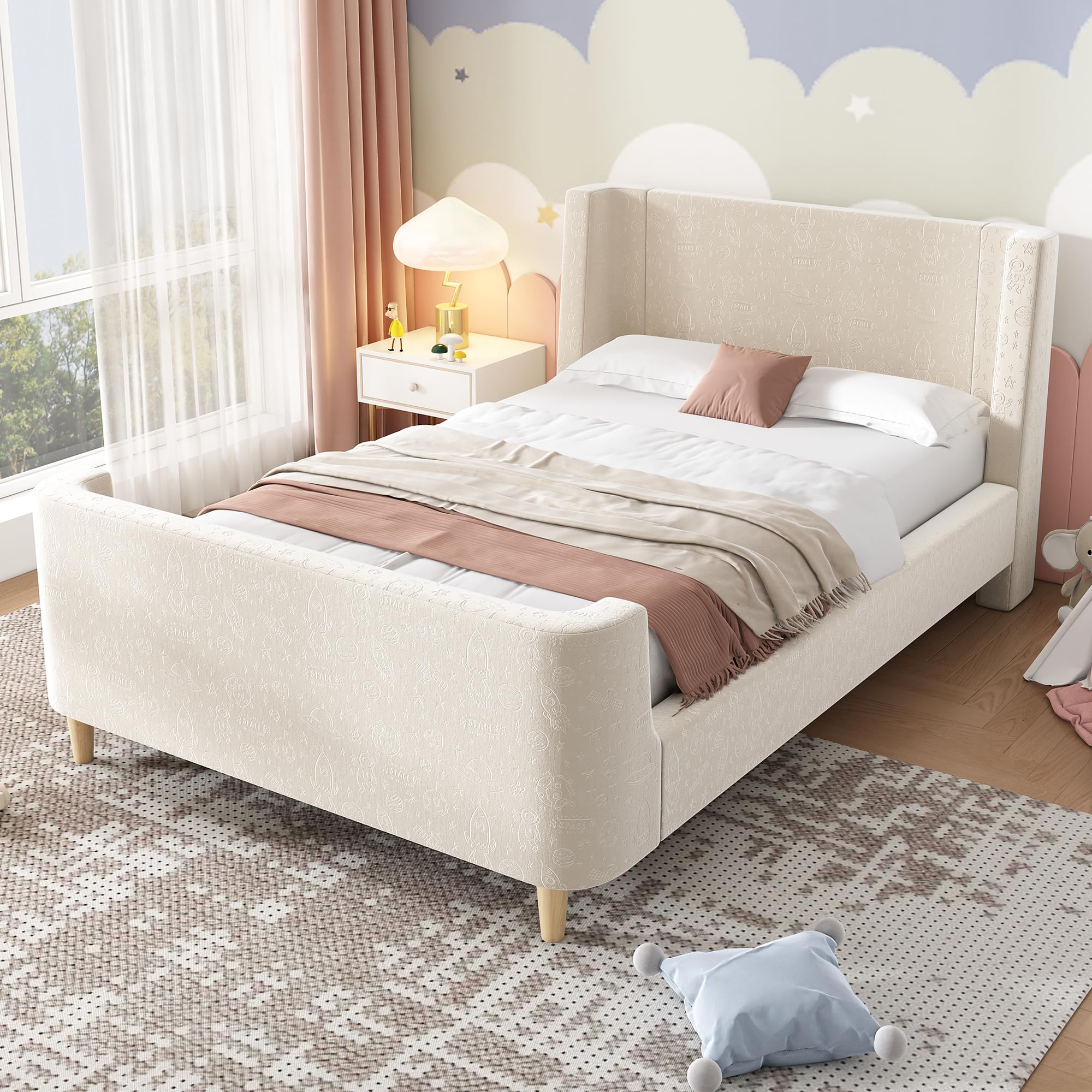 Merax 3FT Single Bed Frame 90x190cm, Velvet Upholstered Sleigh Bed with Cosmic Pattern, Modern Children's Bed for Boys, Girls and Teenagers, Beige (No Mattress)