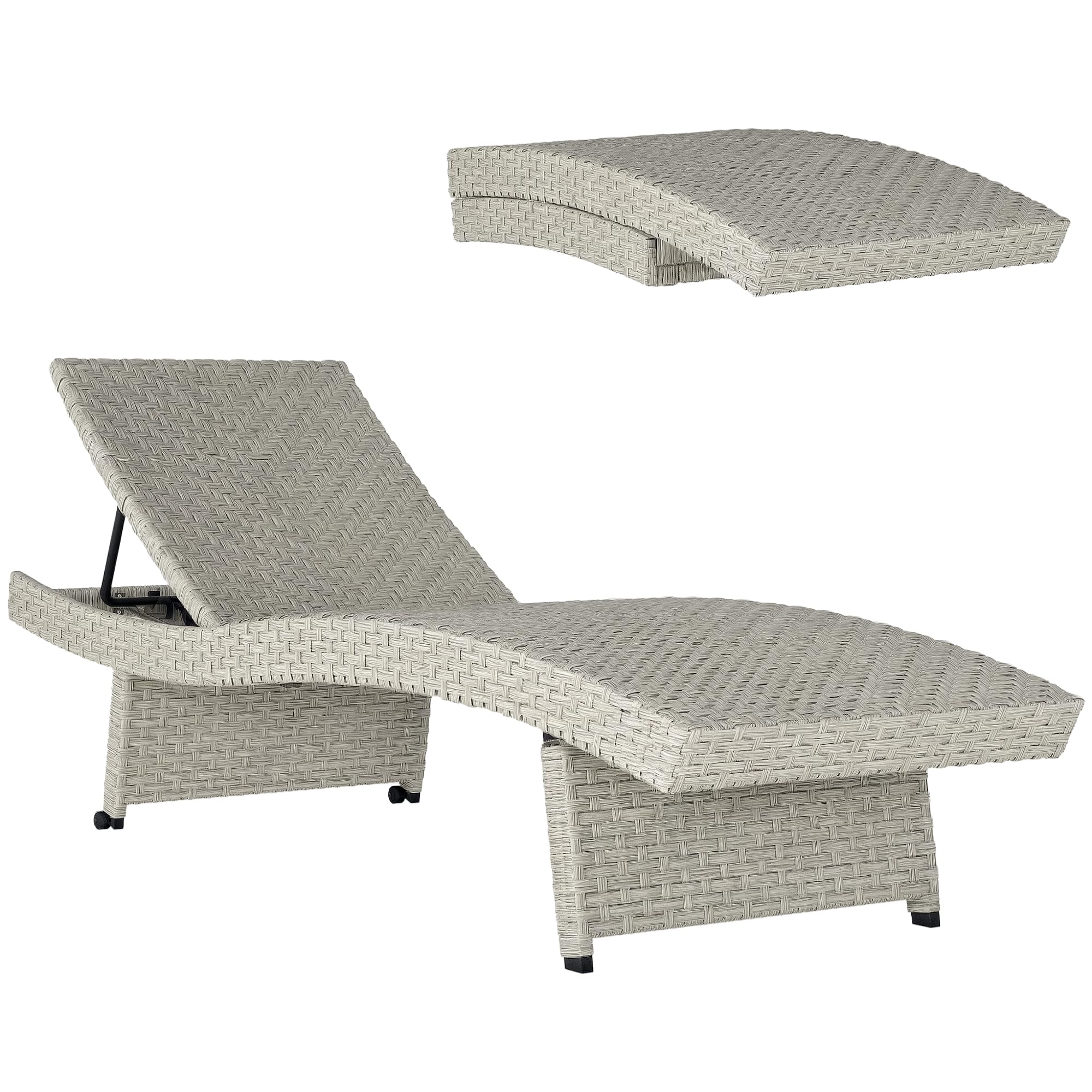 Outsunny Outdoor PE Rattan Sun Lounger, Folding Wicker Garden Lounger Recliner with 4-Level Adjustable Backrest, Rolling Sunbed Lounge Chair with Wheels, Non-Slip Legs for Balcony, Beach, Grey