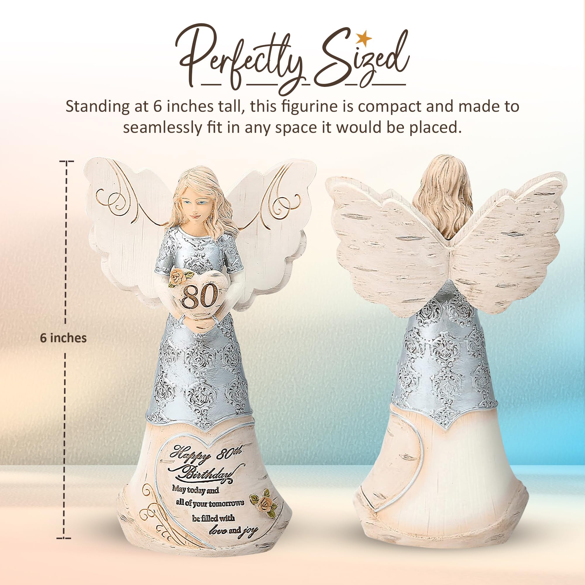 Pavilion 'Happy 80th Birthday' 82475 Elements Angels - Polyresin Birthday Angel Figurine - Silver Hand-Painted Remembrance and Keepsake Gift Angel for Grandmothers, Mothers, Aunts, Friends, Women