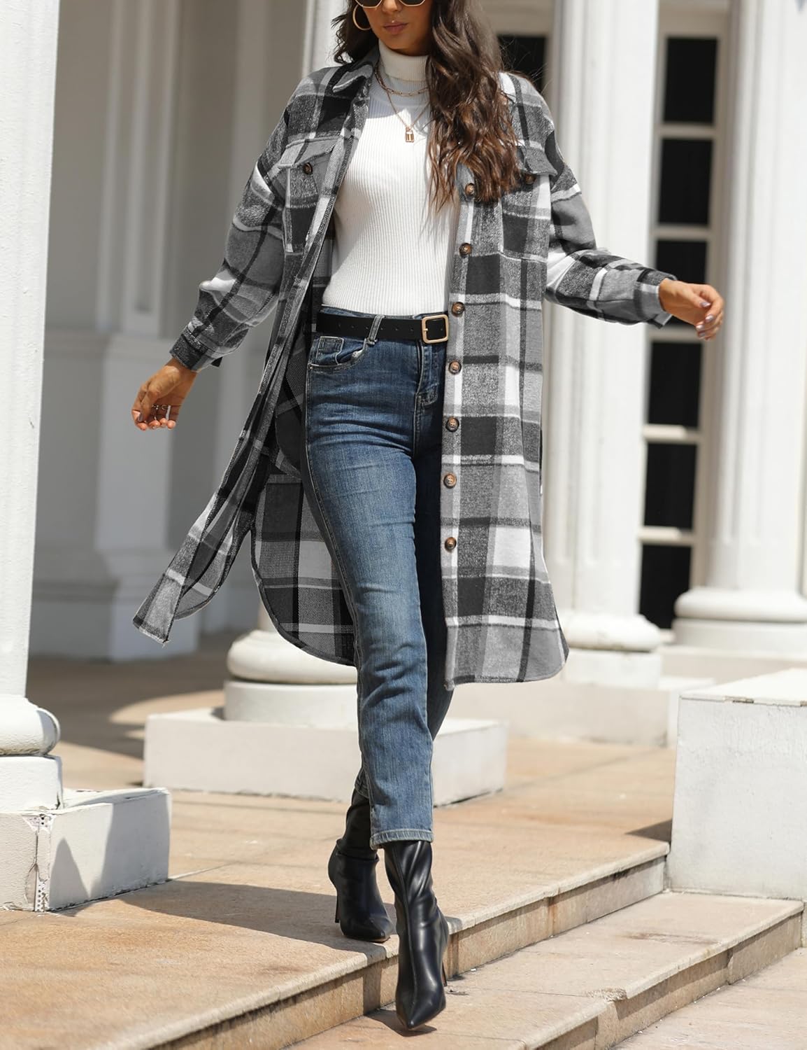 Himosyber Women's Casual Plaid Lapel Woolen Button Up Pocketed Long Shacket Coat - Image 6