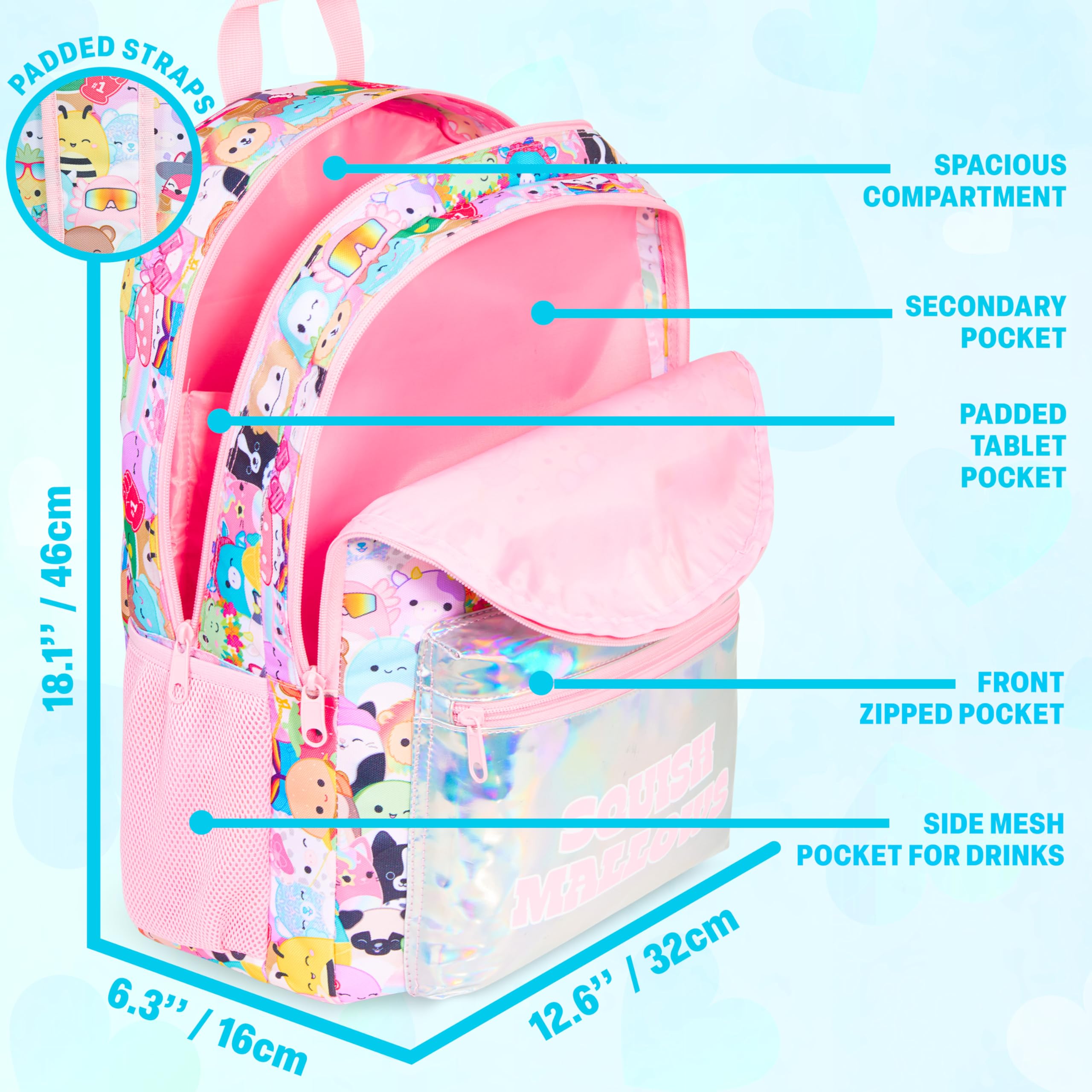 Get Trend Squishmallows Sac a Dos Enfant Fille, Bretelle Réglable Rembourré et Fermeture Eclair Cartable avec 2 Porte Clef, Cadeau Fille (Multi Squishmallows)