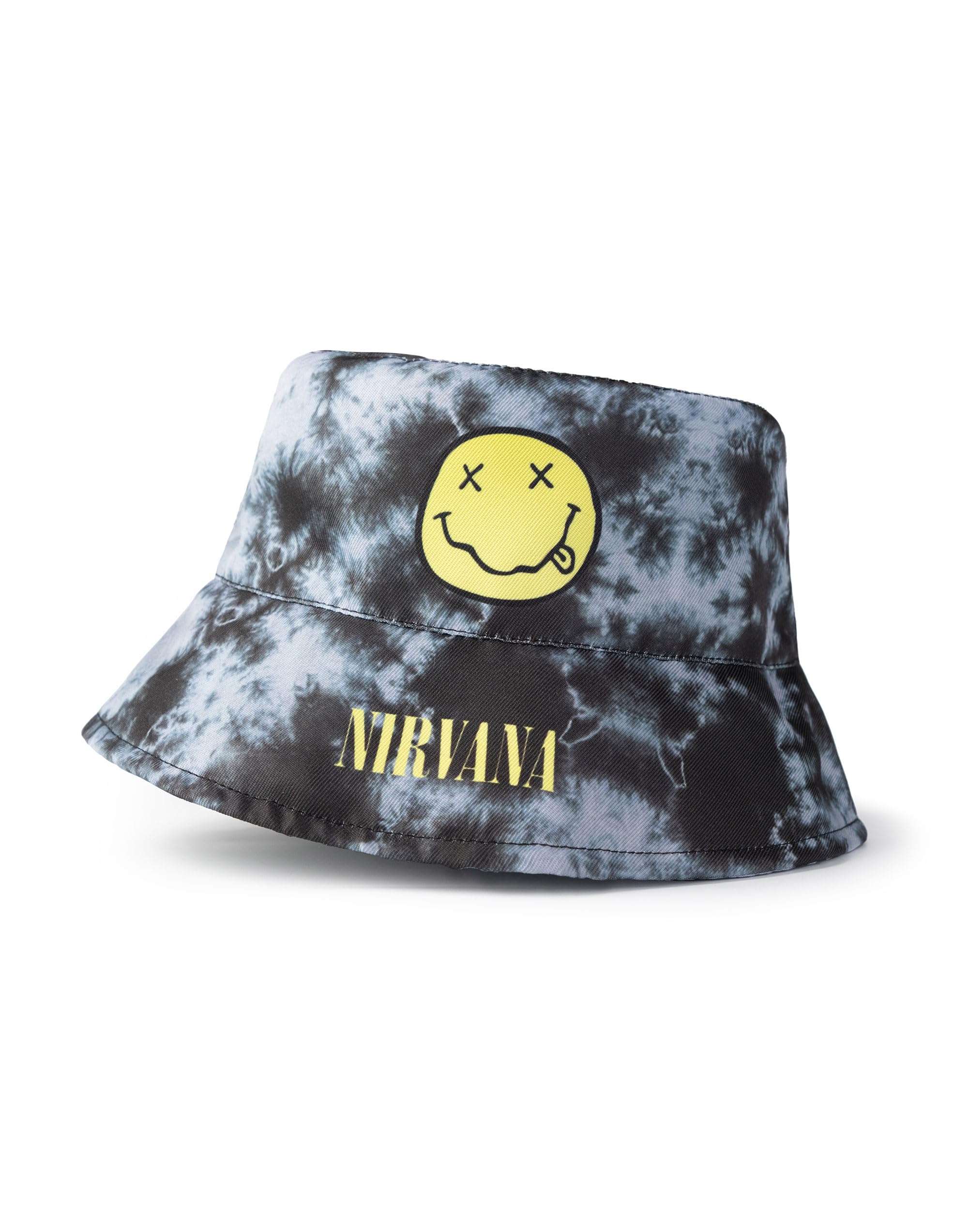 Nirvana Kids Bucket Hat in Black & Grey | Unisex Tie-Dye Logo Hat | Casual Sun Protection Accessory | Iconic Band Merchandise | Music Themed Apparel for Children