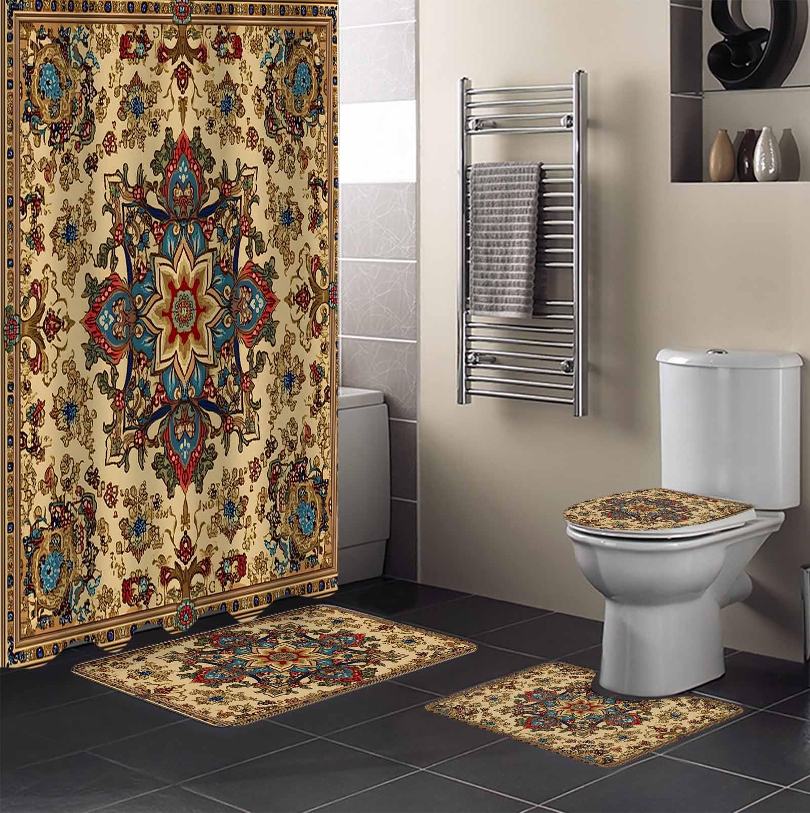 Boho Flower Bathroom Set with Shower Curtain and Rug and Accessories - 36x72 Inches Long Bohemian Western Rustic Tribal Patterns Stall Curtain Waterproof with Large Bath Mat, Washable Runner Rug Set