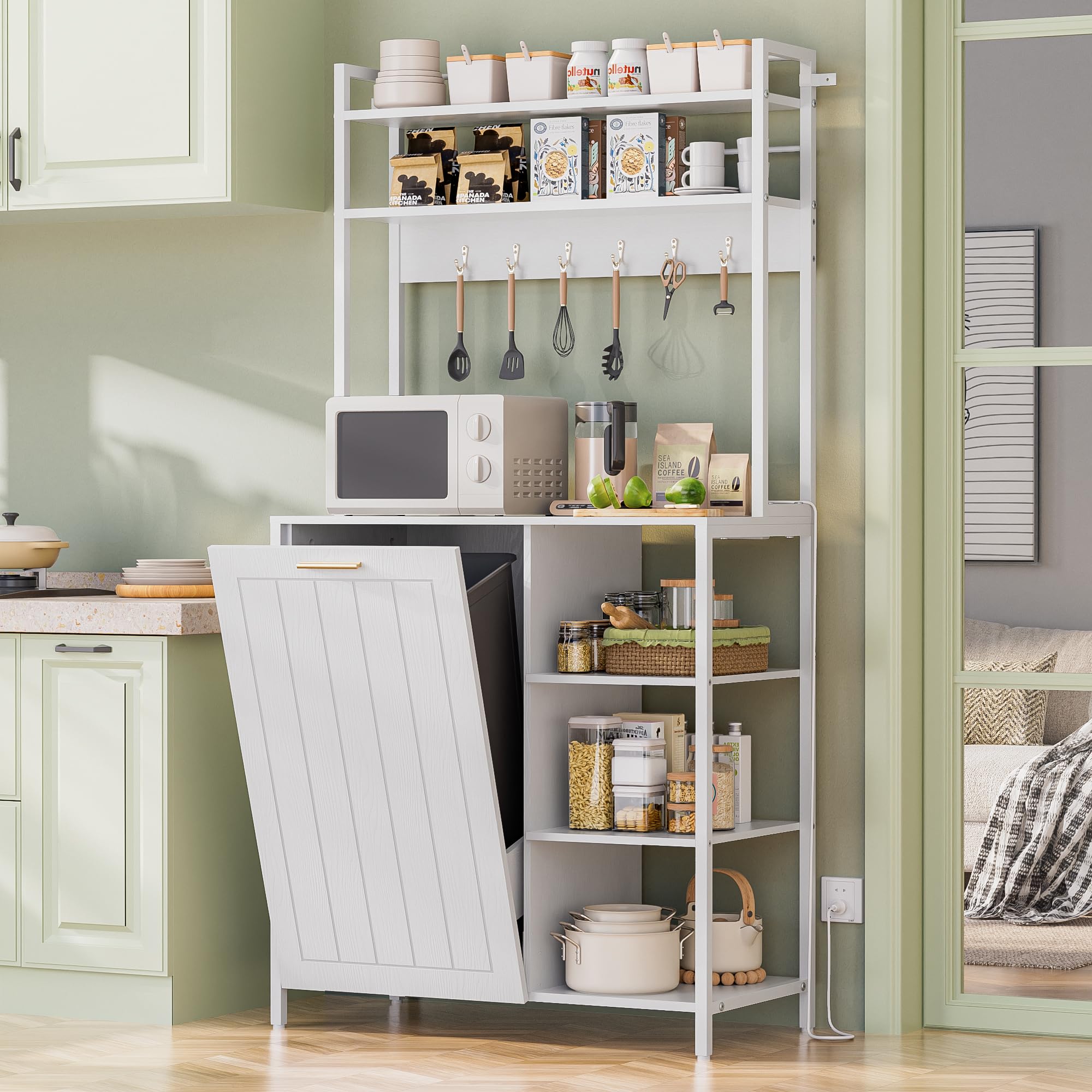 Dephet Kitchen Bakers Rack with Storage Shelf - 6-Tier Microwave Stand Oven Cabinet W/Tilting Trash Can Bin and Power Outlet, Farmhouse Thickened