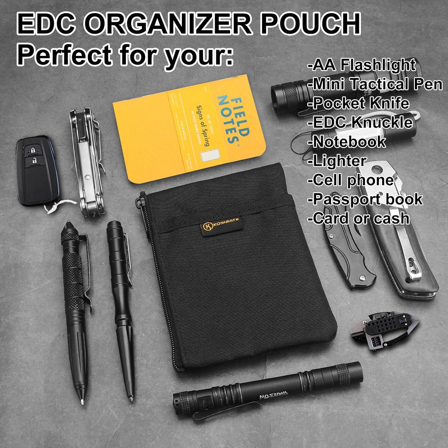 Kosibate EDC Pouch, EDC Organizer, Tool Pouch for Knife/Flashlight/Tactical Pen/Card-Men's Slim Pocket Organizer for Daily Carry