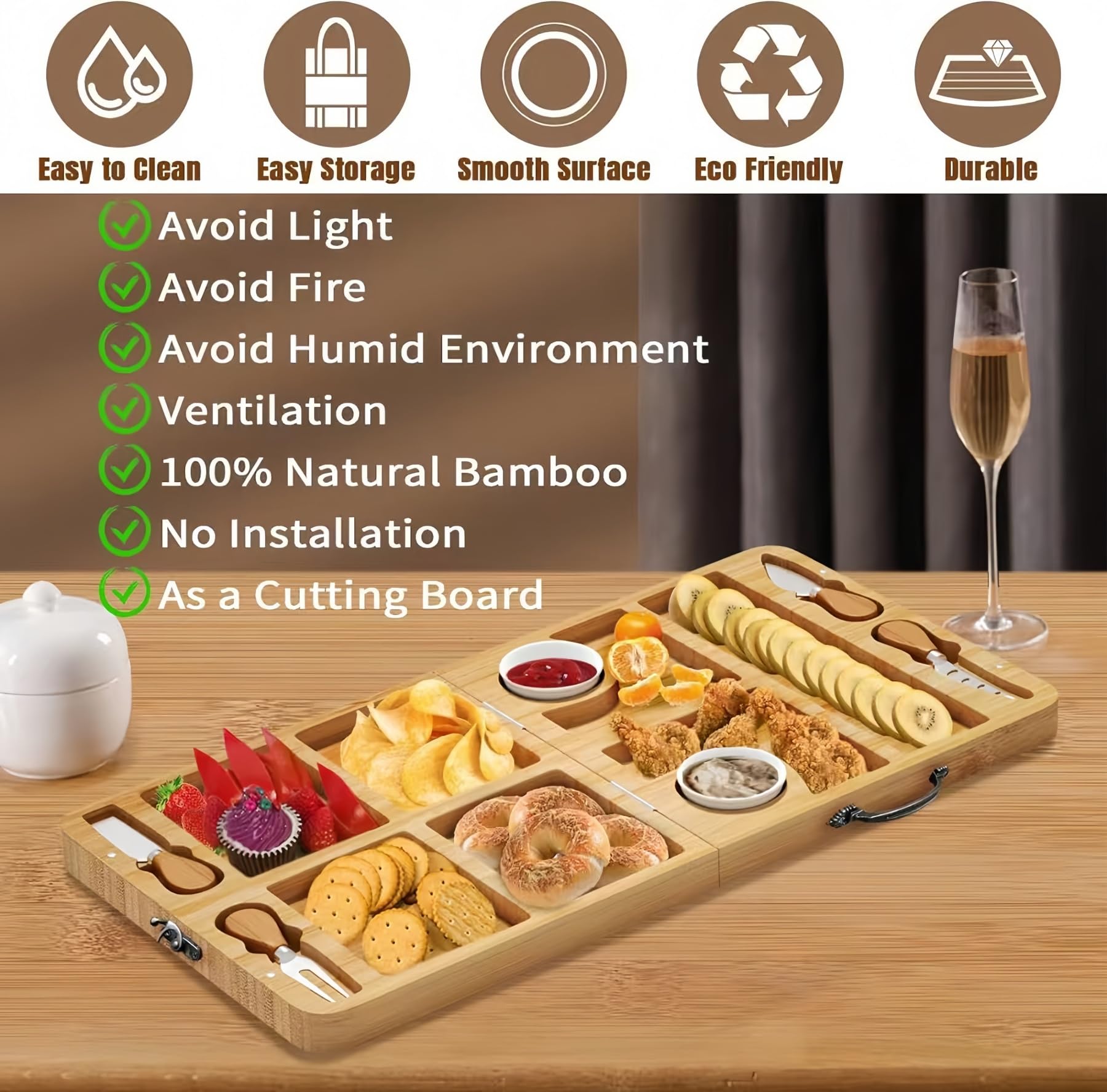 Käsebrett mit Käsemesser Set Tragbare Servierbrett mit Handgriff aus 100% Bambus, 2 in 1 klappbare Käseplatte & Schneidbrett, Charcuterie Snacktablett ideal für Hauswärme Geschenke - 29 x 29cm