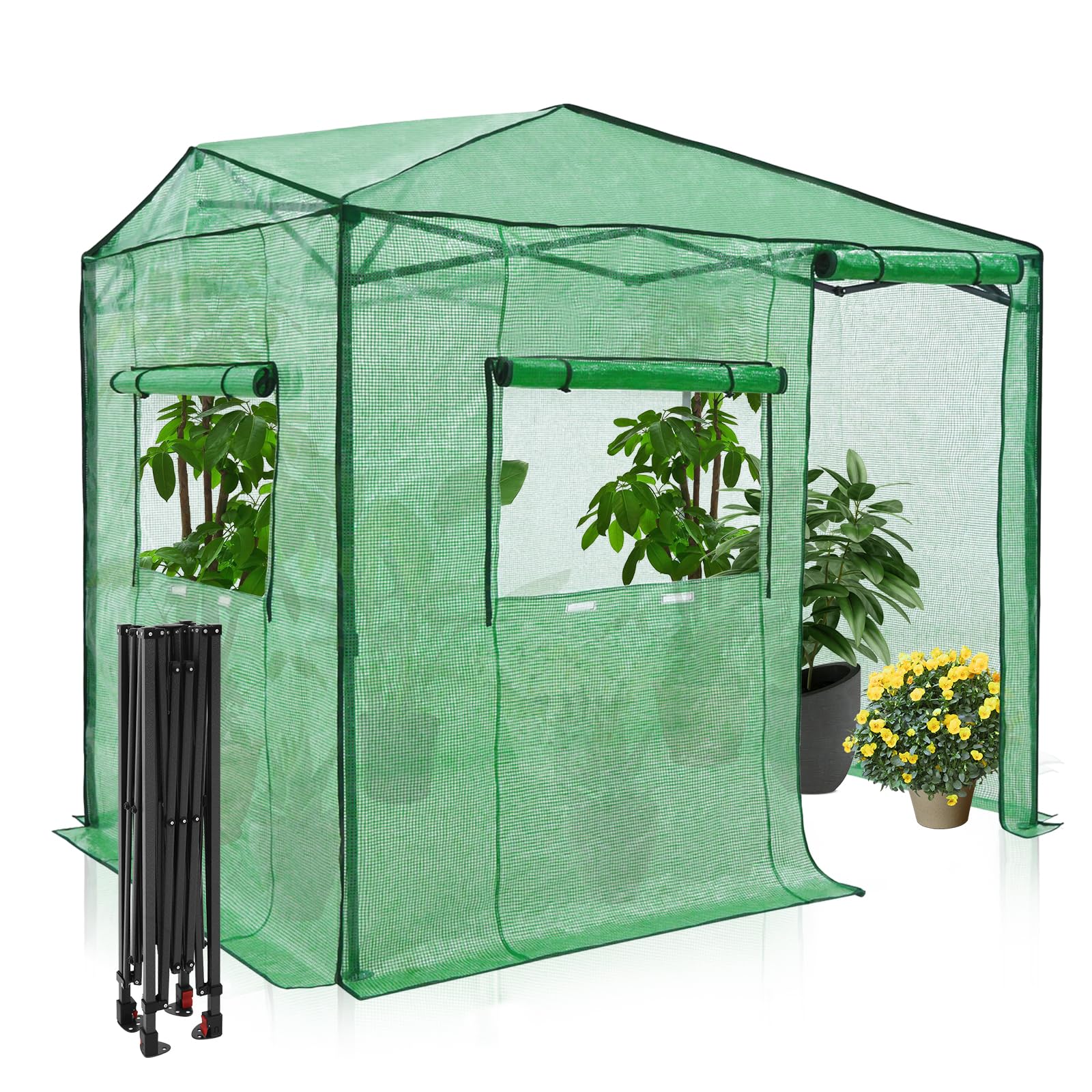 EAGLE PEAK 8x6 Easy Setup Pop Up Portable Greenhouse, Instant Walk-in Indoor &amp; Outdoor Garden Green House with Roll-up Zipper Door and 2 Large Roll-Up Windows, Green