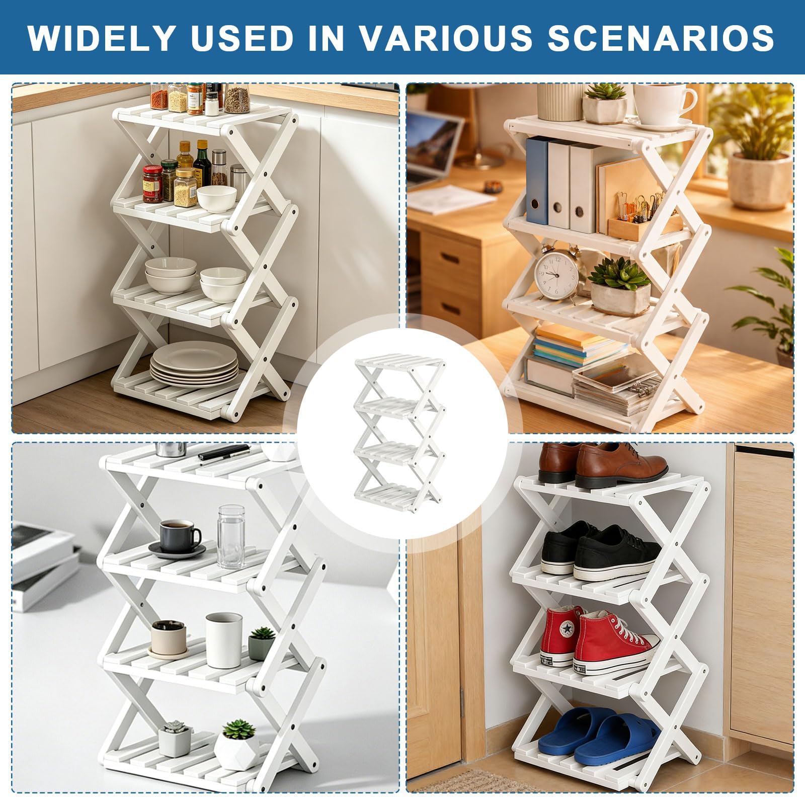 Étagère à chaussures à 4 étages - Blanc - Petit - Pliable - Peu encombrant - Pour entrée, chambre à coucher, armoire, coin salon - Sans montage