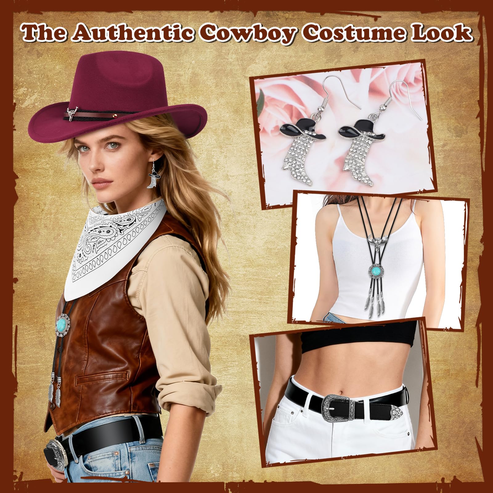 FICOFISE Cowboy Costume Gift Set: 8 Pcs Western Accessories for Adults The Perfect Wild West Fancy Dress for Christmas New Year Party - Image 3