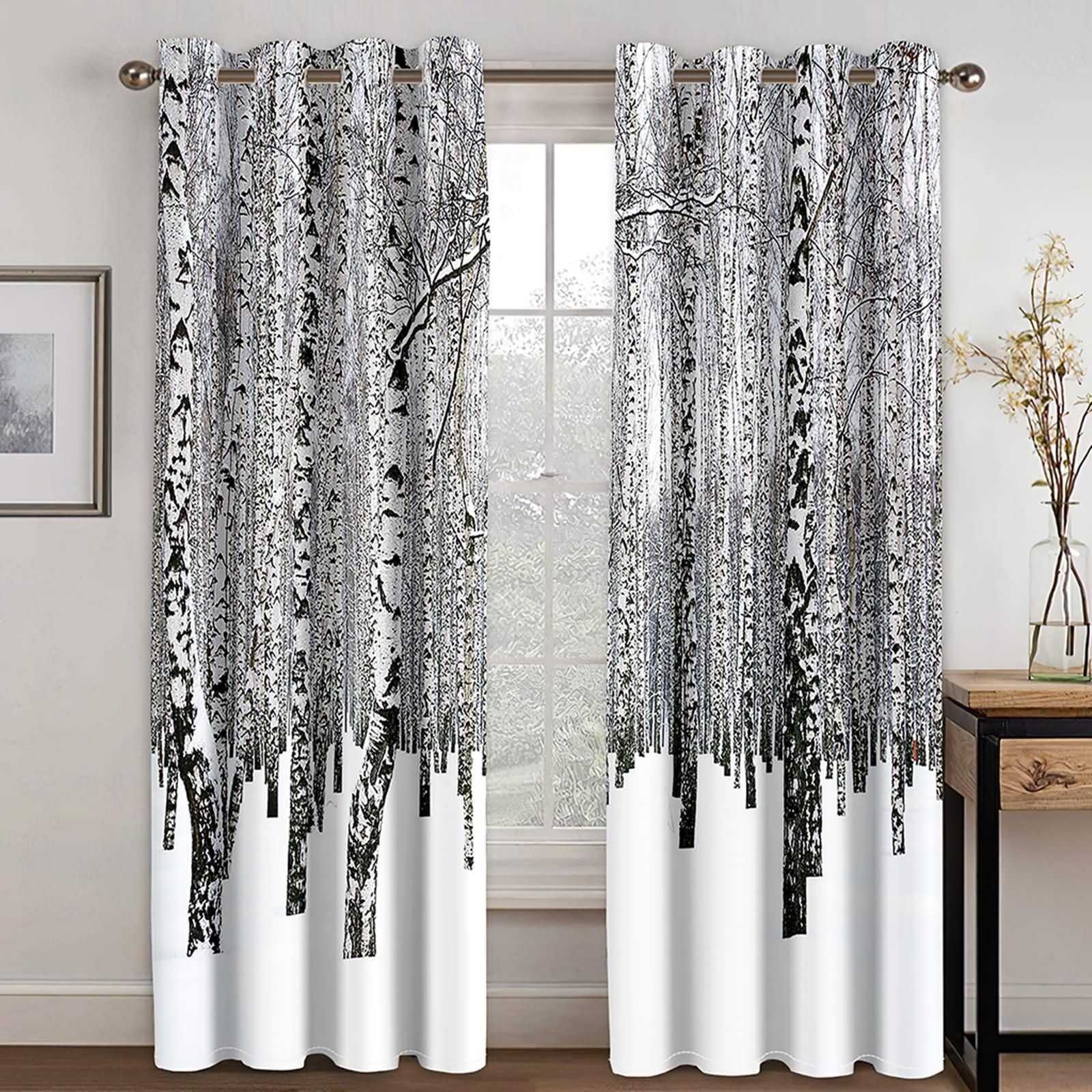 Cortinas con Ollaos,2 x 86W x 229H CM,2 Piezas Cortinas Habitación Matrimonio Opacas Paisaje de Forestal Nevada Cortina Habitacion Gris Blanco
