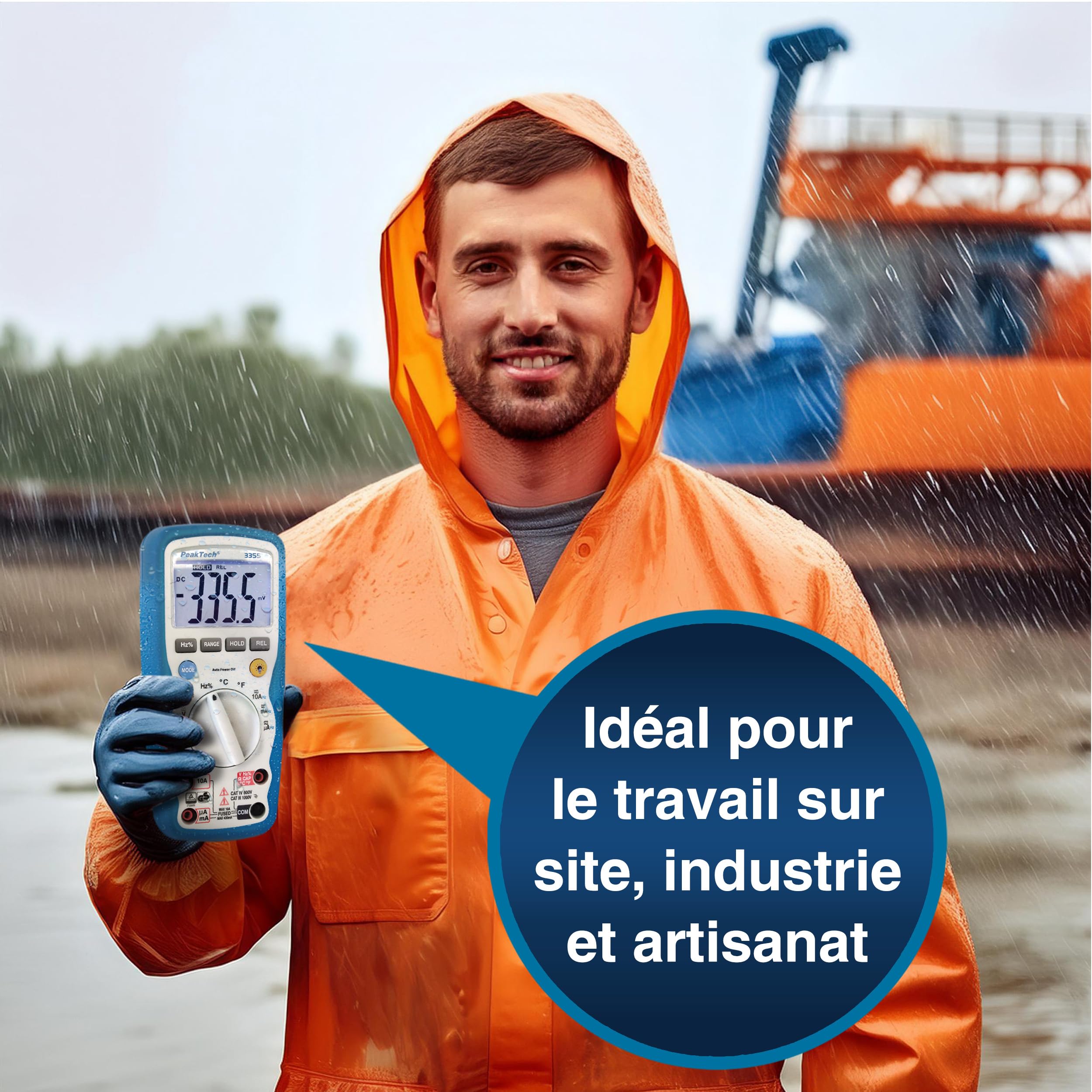 PeakTech 3355 Multimètre Numérique, étanche (IP67), écran LCD, 4000 points, Plage Automatique, Conservation des Données REL, Voltmètre, Testeur de Continuité, Appareil de Mesure - CAT III 1000 V