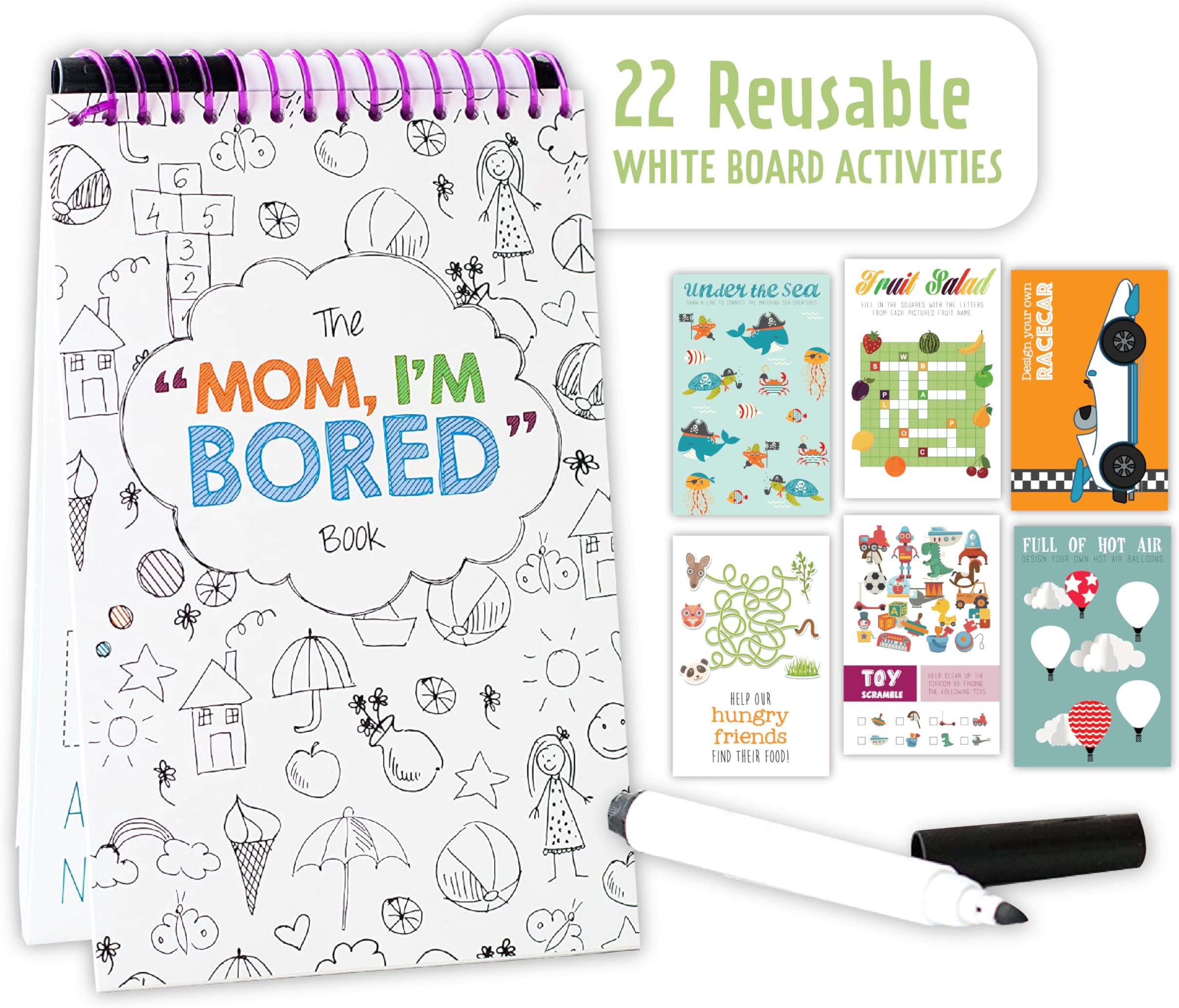 Squirrel Products Mom, I'm Bored Children's Activity Book, Fun Reusable Dry Erase Toy - Roadtrip Essentials, Word Games, Screen Free Activites for Kids Ages 3 and Up - Original Version