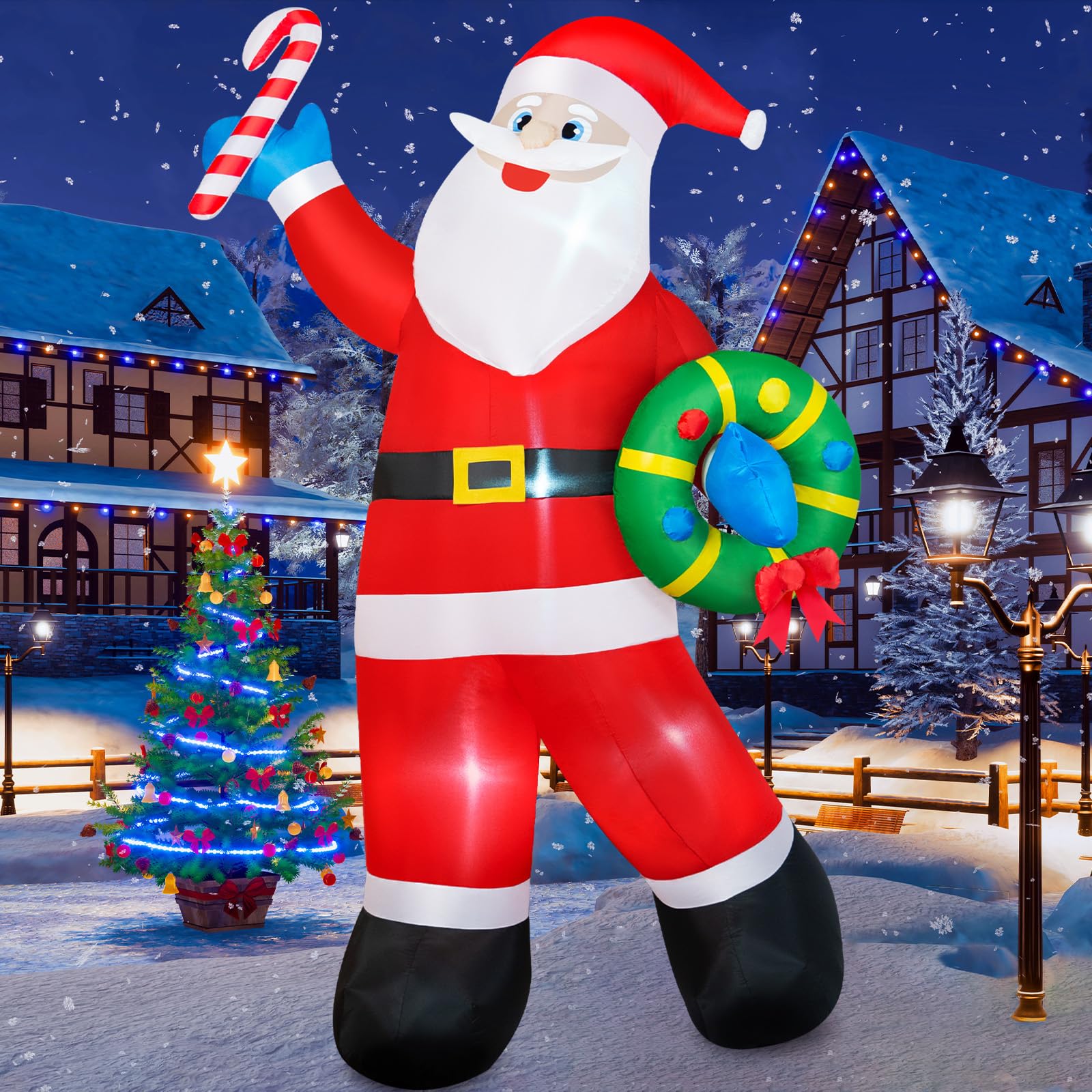 Père Noël gonflable de 2,4 m - Décorations d'extérieur - Père Noël gonflable tenant une guirlande de Noël - LED intégrées - Décoration de Noël pour Noël, vacances, jardin, pelouse