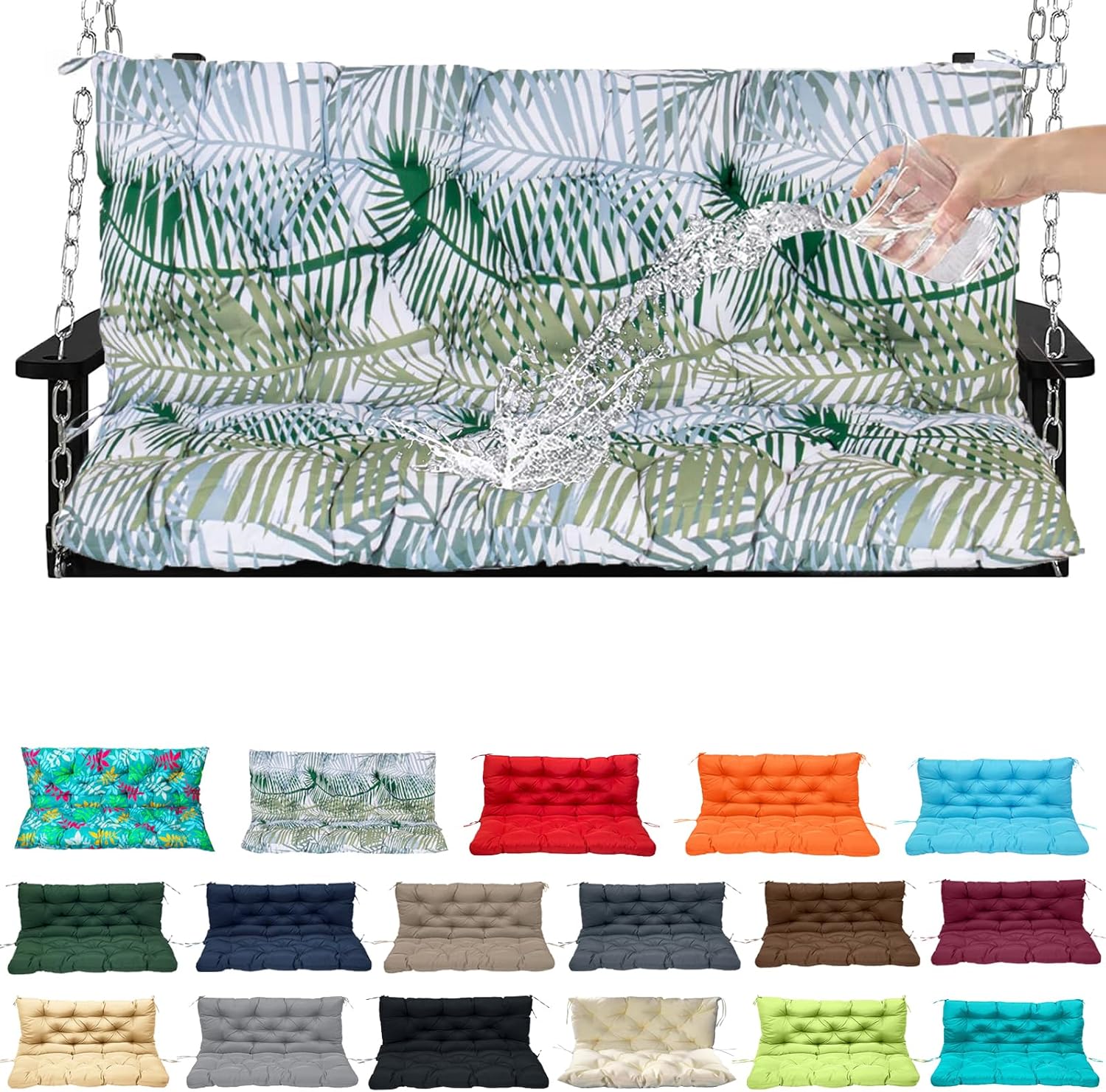 Swing Replacement Seat Cushions, 2-3 Seater Bench Cushions for Outdoor Furnitur with Backrest, Waterproof Porch Swing Cushion for Outdoor Furniture Patio Garden Pad(Bamboo Leaves 47x40in)