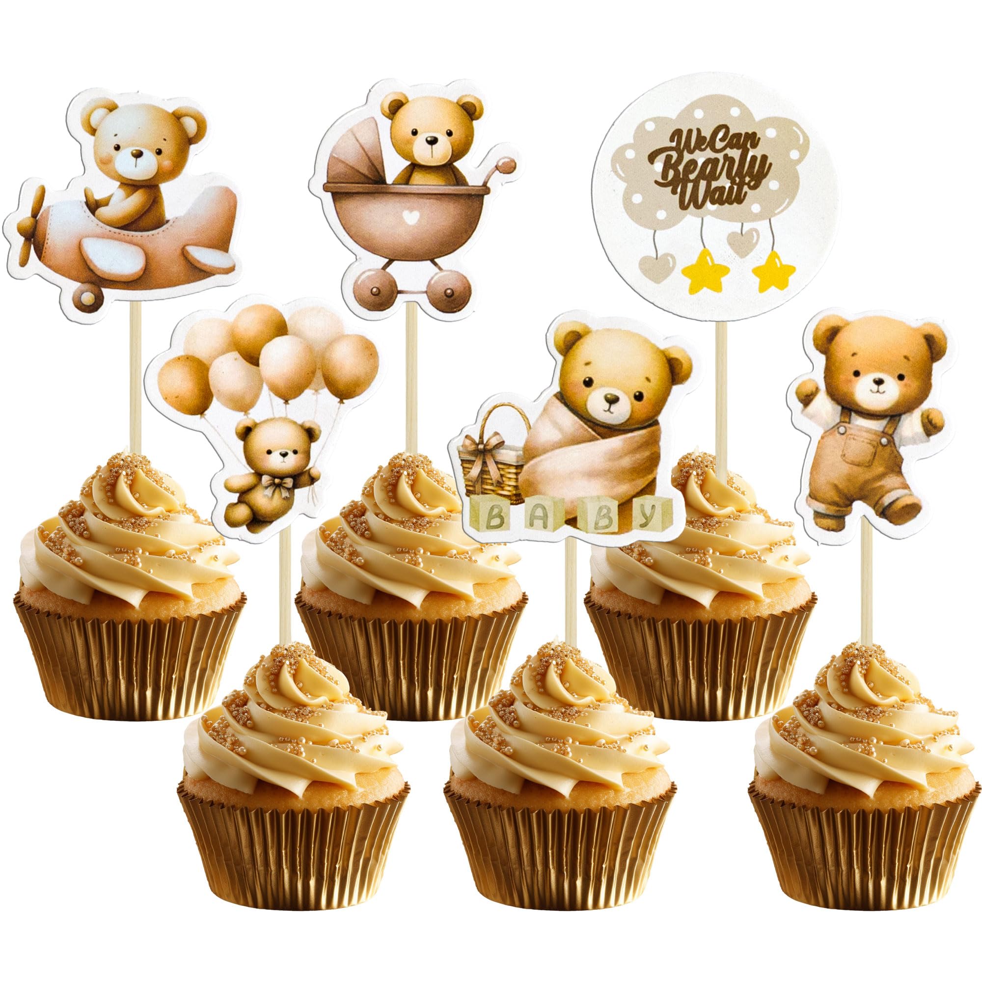 Gyufise 36Pcs Bear Cupcake Toppers Bear Cupcake Picks Baby Carriage Bottle Balloon We can Bearly Wait Cake Decorations for Baby Shower Gender Reveal Kids Birthday Party Supplies Coffee