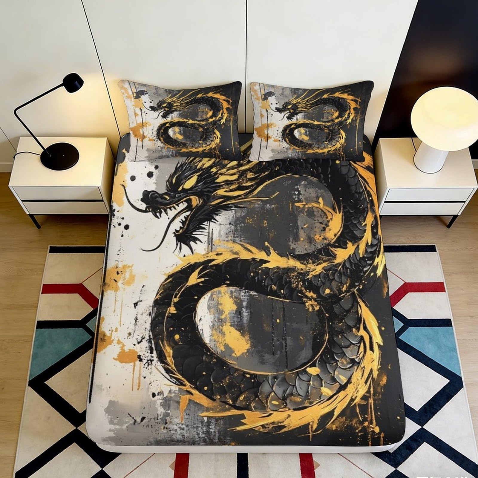 3D Printed Oriental Dragon Fitted Sheet Microfiber Deep Pocket Non-Slip Bedroom Bedding Dragon Mattress Fitted Cover for Home 200x200x25cm