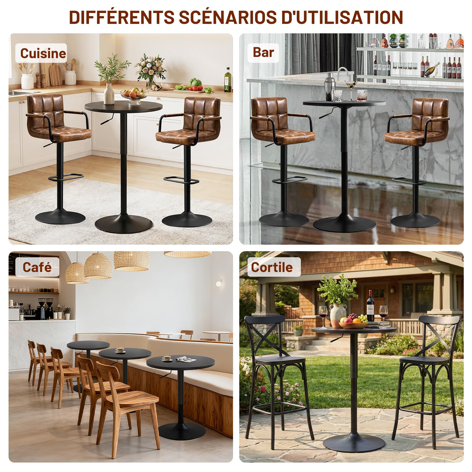 2er Set 2in1 Bartisch Runder Bistrotisch, Stehtisch 360° Drehbar Höhenverstellbar 70–91.5cm, Ø 60cm Partytisch aus Metall für Klub Wohnzimmer Küche Balkon Bar, Schwarz