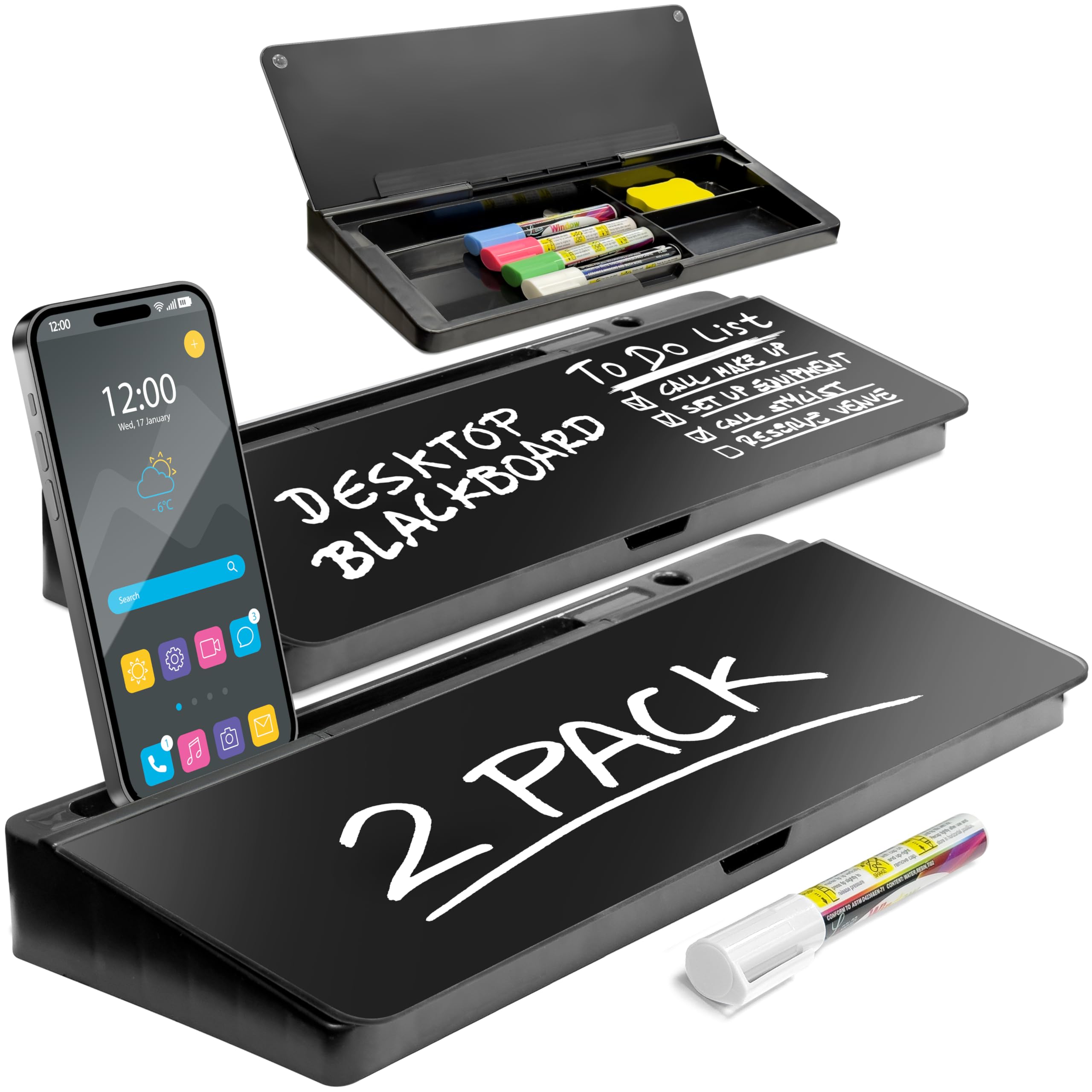 Desktop Whiteboard - Glass Dry Erase White Board - Desk Computer Buddy – Home Office & Studying Essentials - with Phone & Tablet Slot, Storage - Includes 4 Markers, 1 Eraser, Black (2 Pack)