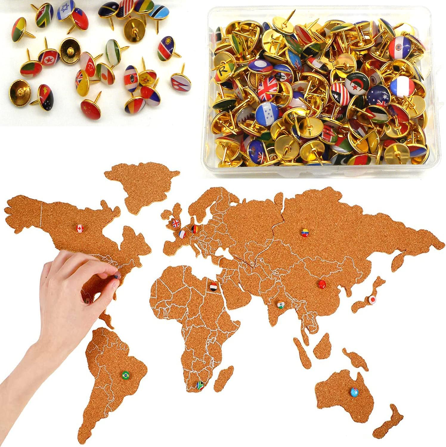 PREMIFY 200pcs National Flag Push Pins for Board | Thumb Tacks With World Travel Map Cork Board Set | PushPins for Notice Board, Bulletin Board, Map, Office