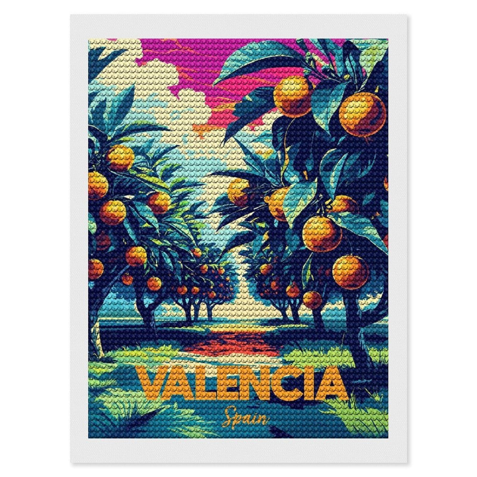 Junmoney Valencia Spain Orange Grove Art Diamond Art Kit 12"x16", Neat Printed Canvas, Finish and Display, Relaxing DIY Hobby, Living Room Decor