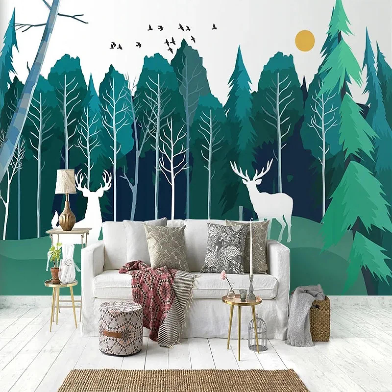 Papier peint élan 3D forêt oiseaux soleil en PVC autocollant