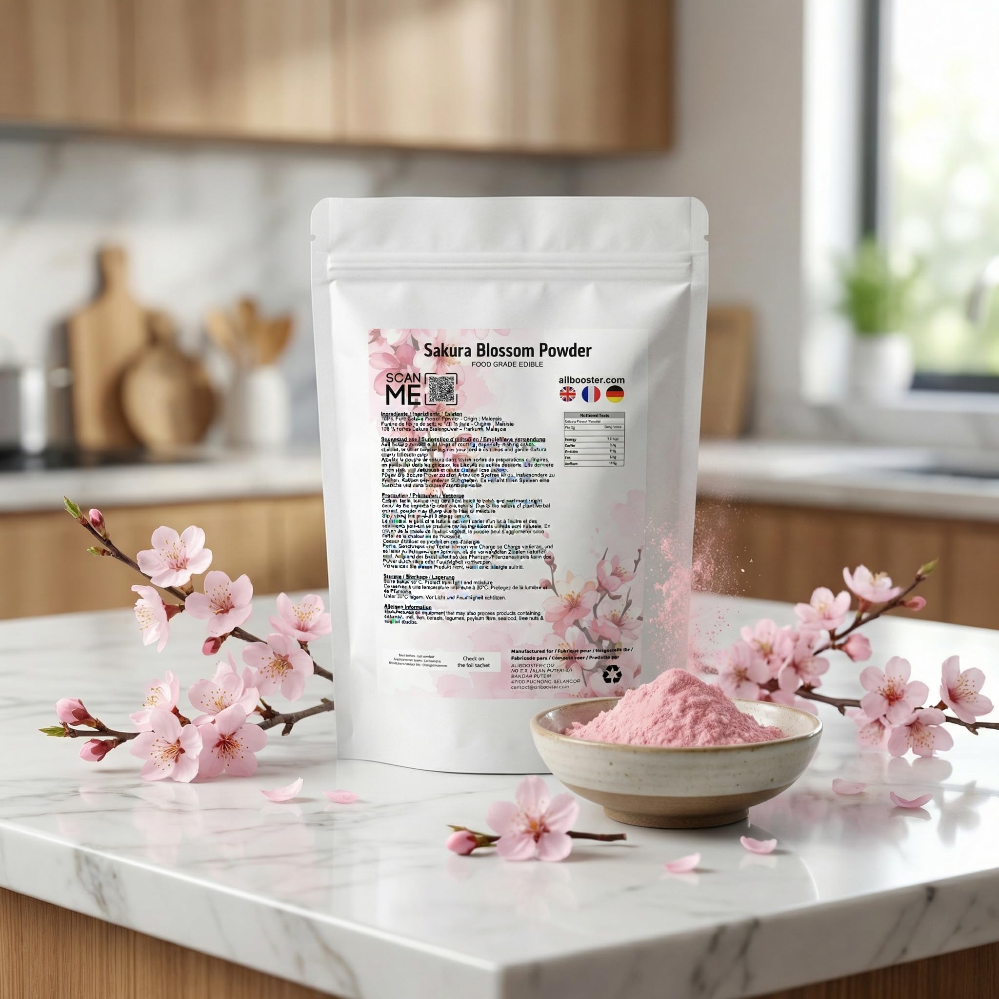 Poudre de Sakura Blossom 250 g - Fleur de Cerisier en Poudre - Qualité Alimentaire - Ingrédient Naturel pour Pâtisserie, Boissons et Desserts Japonais