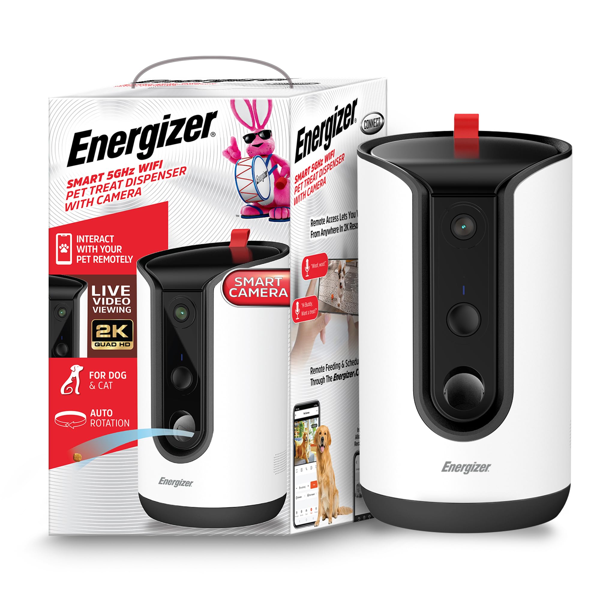 Energizer Smart Pet Treater with 2K Video Camera, 2-Way Audio, Night Vision, 5 Ghz & 2.4 Ghz Dual Band Wi-Fi, Motion Tracking, Recorded Messages, Dogs & Cats Remote Feeding, Cloud/MicroSD Card Storage