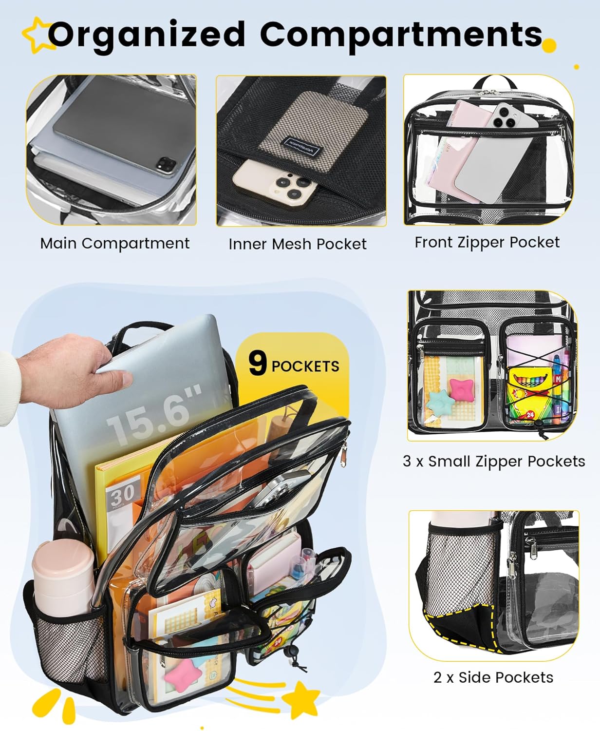 Vorspack Clear Backpack for School - Heavy Duty Clear Bookbag for Girls Boys Large Multi-Pocket See Through Backpacks for Teens, Travel, Work, Festival - Black - Image 3