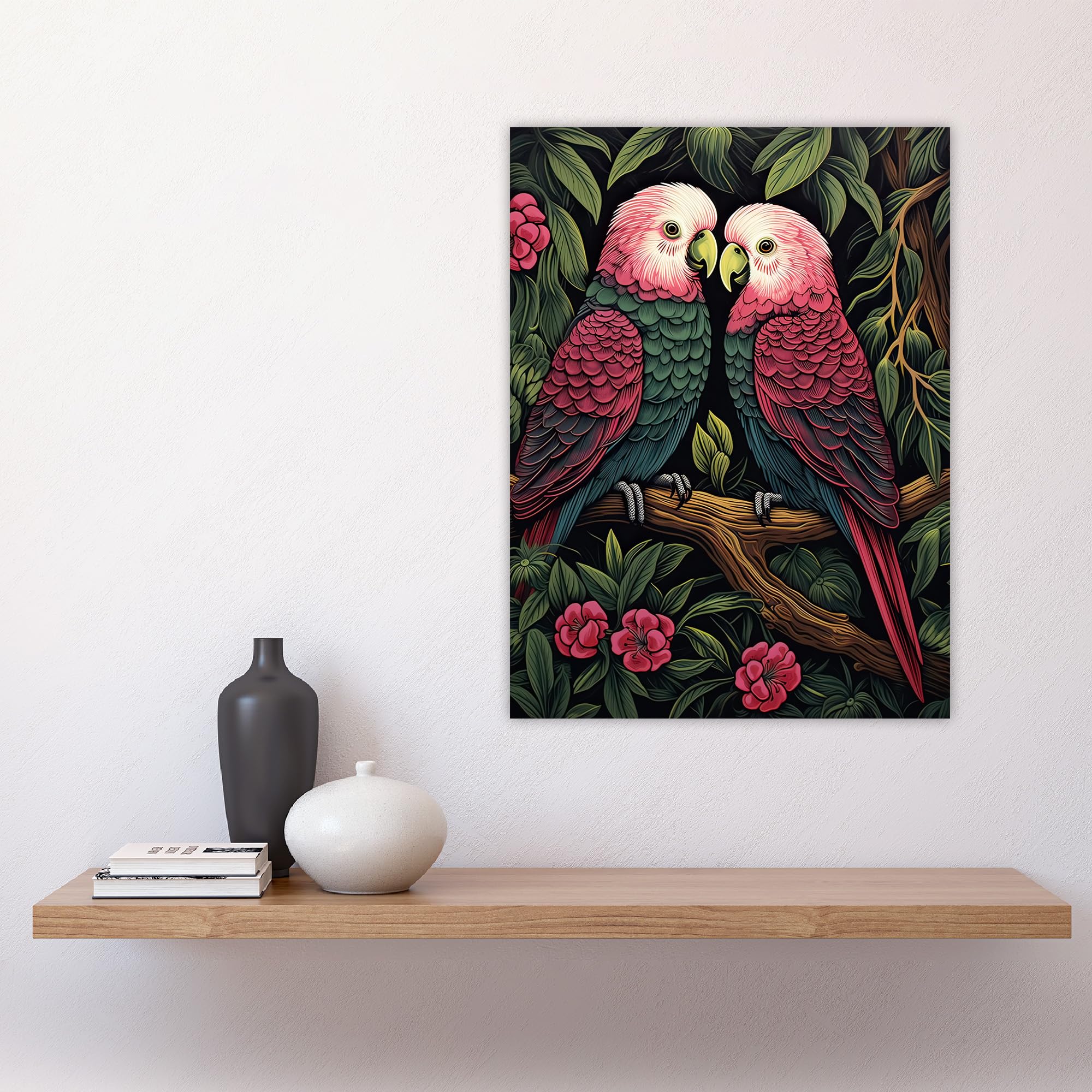 Artery8 Pair of Parrots on a Blooming Tree Vintage Painting Burgundy Pink Green Lush Jungle Birds Portrait Large Wall Art Poster Print Thick Paper 18X24 Inch - Image 4