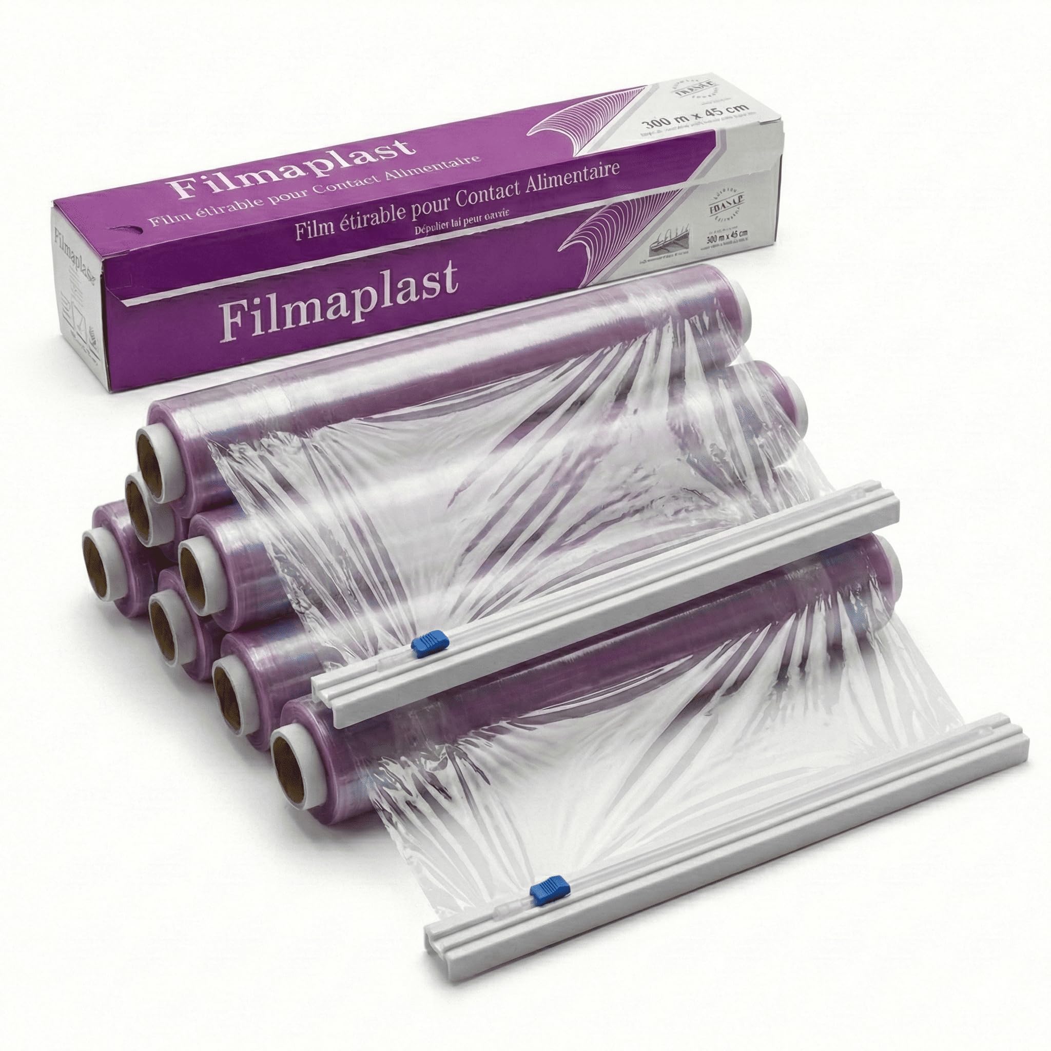 Lot de 6 Film Étirable Alimentaire 300m x 30cm avec Coupe-Film Zip - Boîte Distributrice Inclus - Rouleau Cellophane Pro Sans BPA 1800m