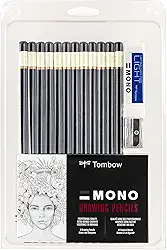 Tombow Conjunto de lápis de desenho MONO 51523, graus variados, pacote com 12 Conjunto de lápis de grafite de qualidade profissional com borracha e apontador