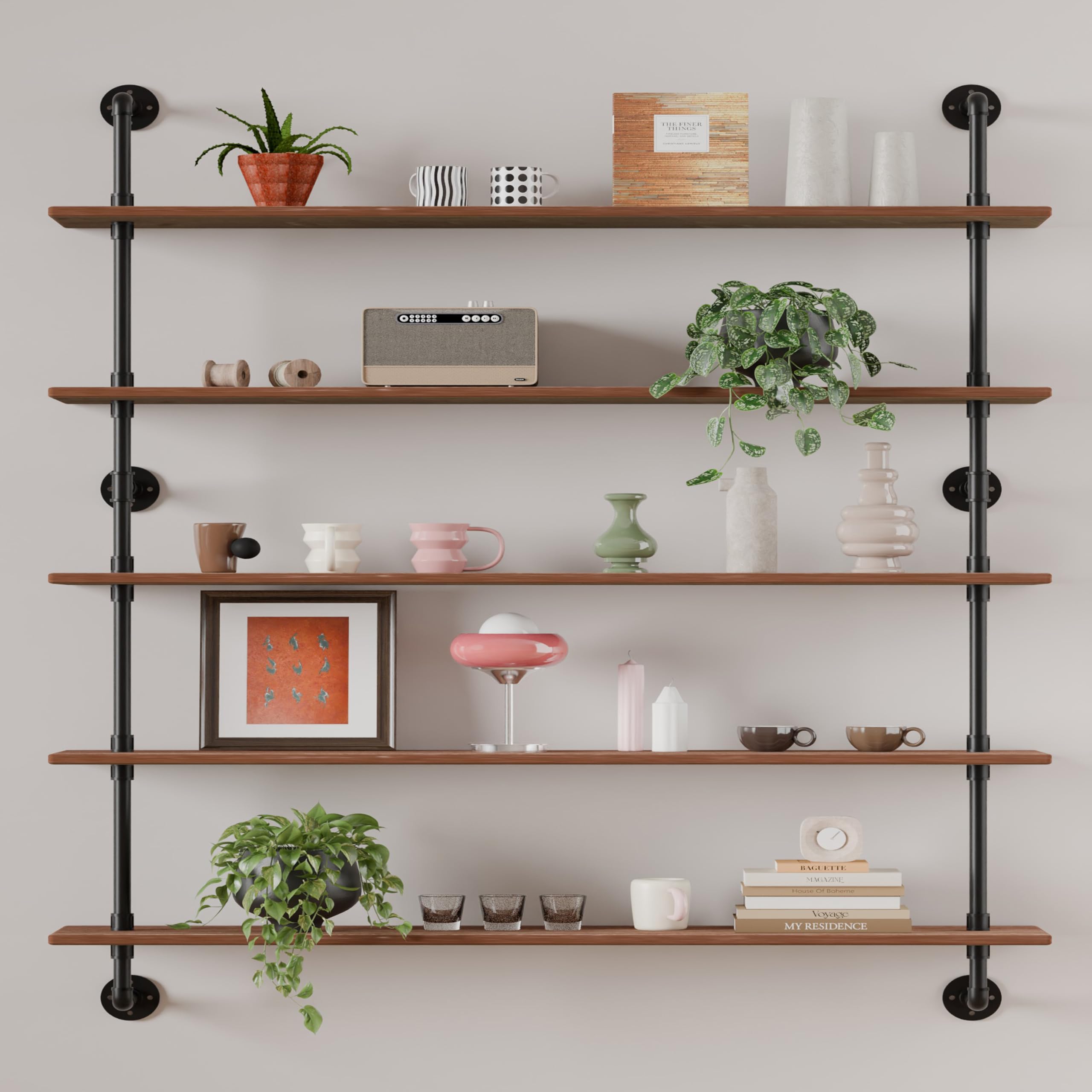 HITOMEN Industrial Pipe Shelves - 2 Sets, 5-Tier, 70.5" Tall, Black Brackets (Planks Not Included)