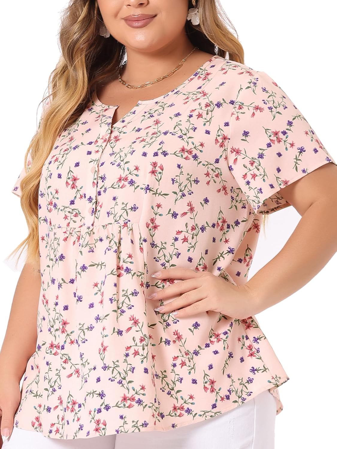 Agnes Orinda Plus Size Women's Summer Tops Floral Half Placket Short Sleeve Casual Blouses - Image 2