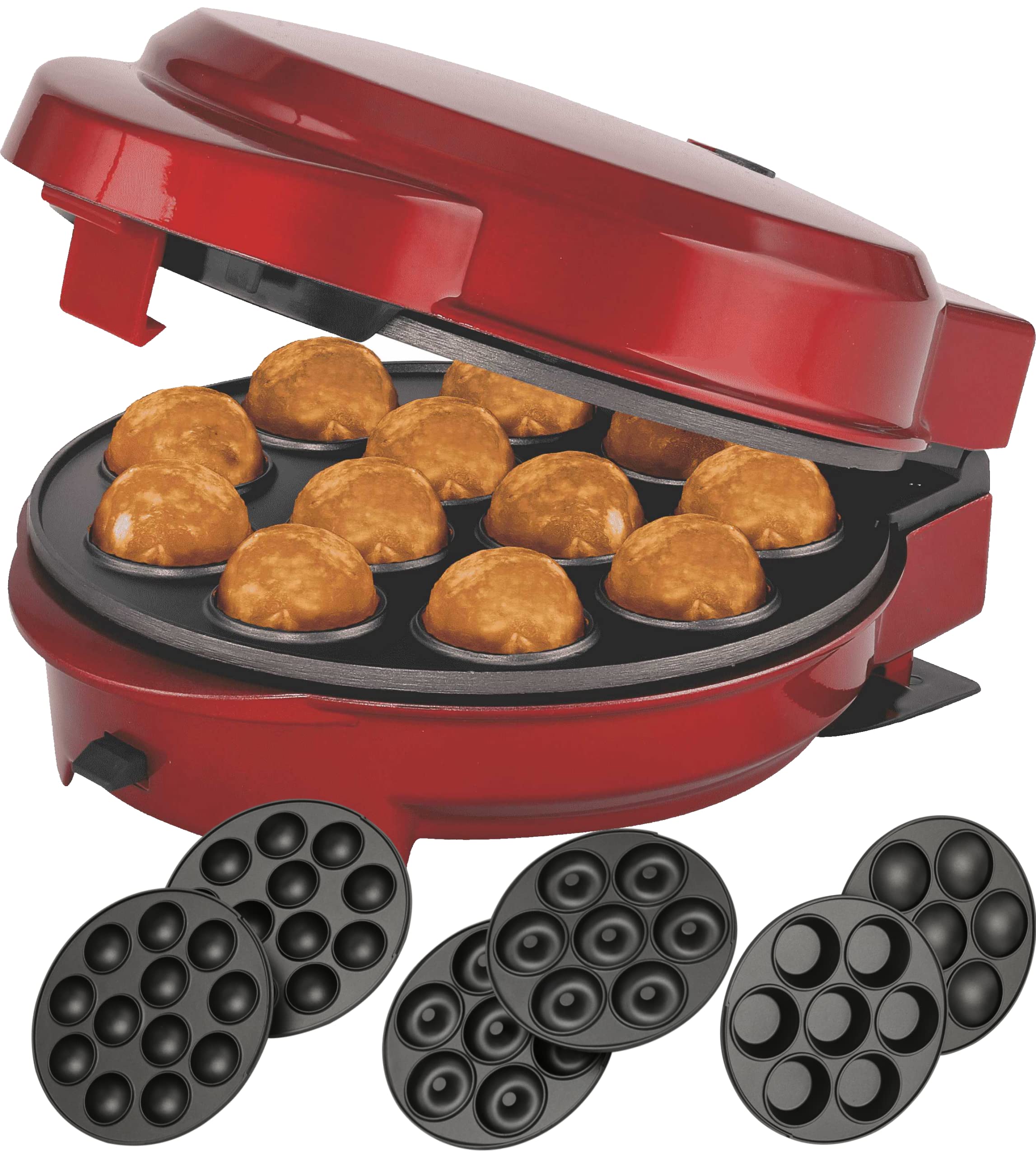 Epiq 3-in-1 Cake Maker Donut-, Muffin-,Cup- und Popcake-Maker 3 auswechselbare Backplatten, Rot Metallic,700 Watt,antihaftbeschichtet, 80000732
