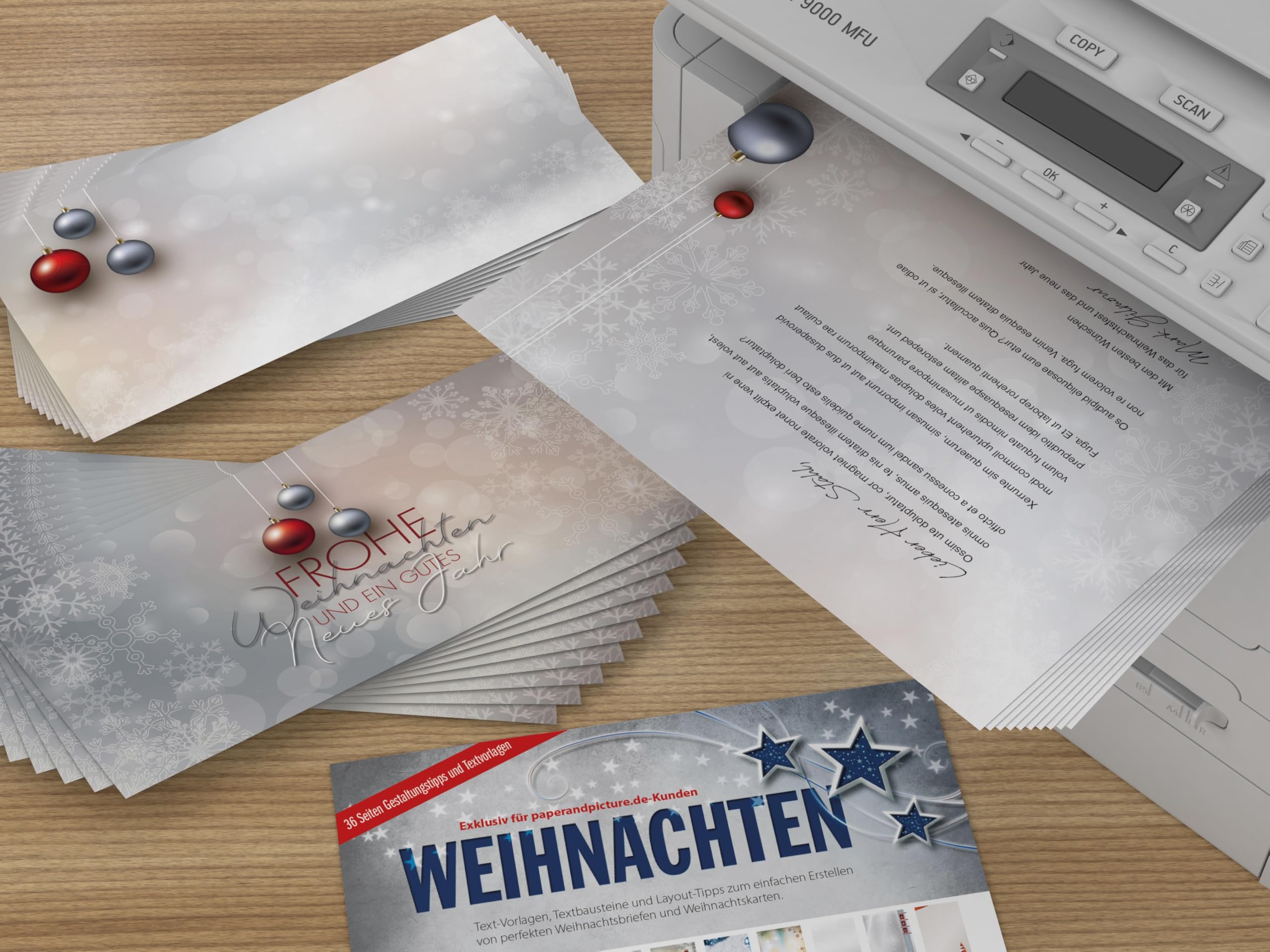 Weihnachtskarten Komplett-Set | Weihnachtskugeln Rot und Silber | 50 Karten-Sets mit Einleger und Kuvert | weihnachtliche Klappkarten