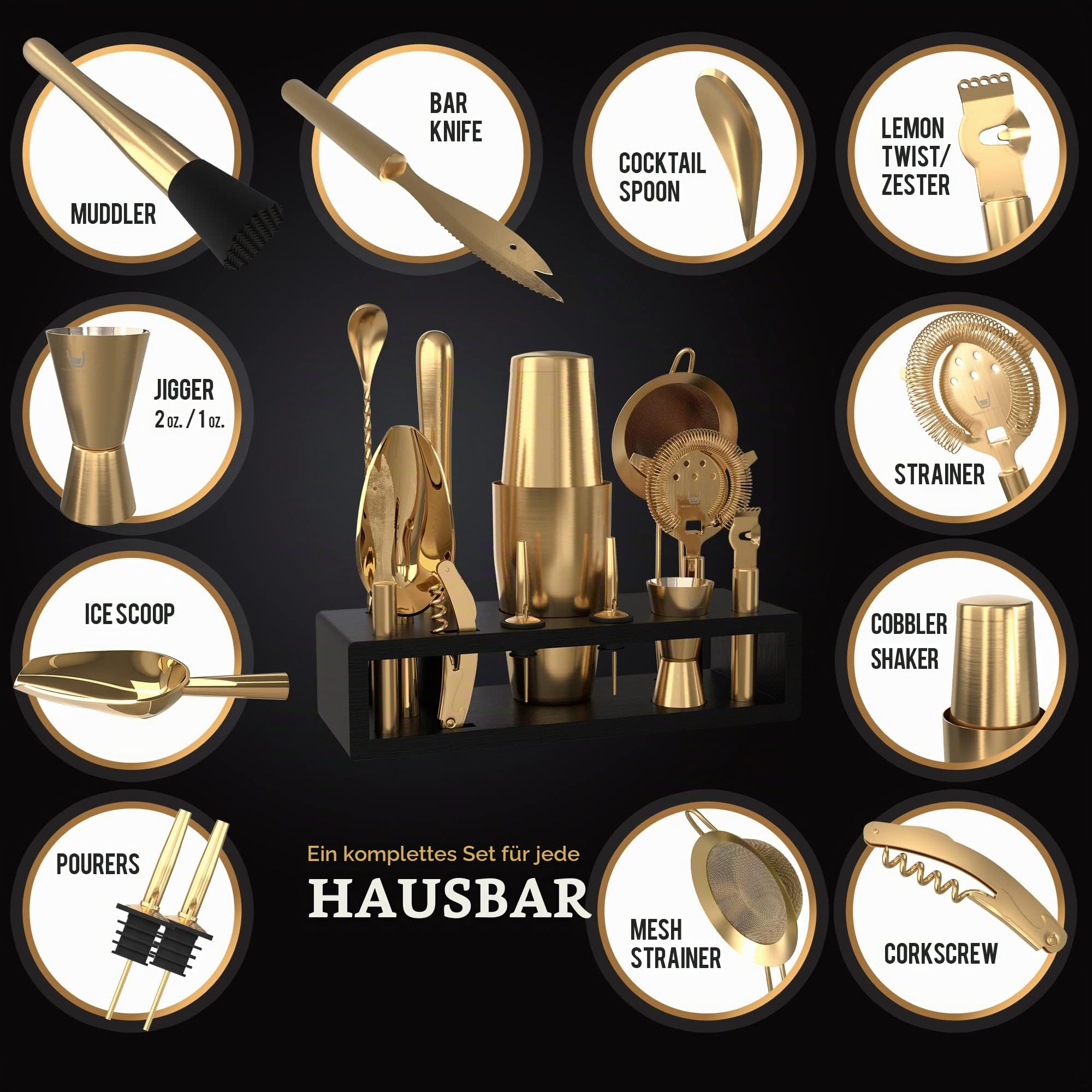 Highball & Chaser Barkeeper-Set mit schwarzem Bambusständer, schönes Cocktail-Shaker-Set und Bar-Werkzeuge, Edelstahl, Boston Shaker, Barkeeper-Kit mit Ständer (antikes Gold)