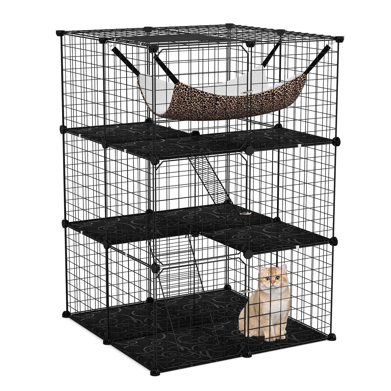 FANTASK Jaula de Alambre de Metal de 3 Pisos, Jaula Grande para Gatos con claraboya, Hamaca, 2 escaleras y 3 Puertas, Perrera extraíble, cercado para Gatos pequeños Animales en el Interior, 74 x 74 x