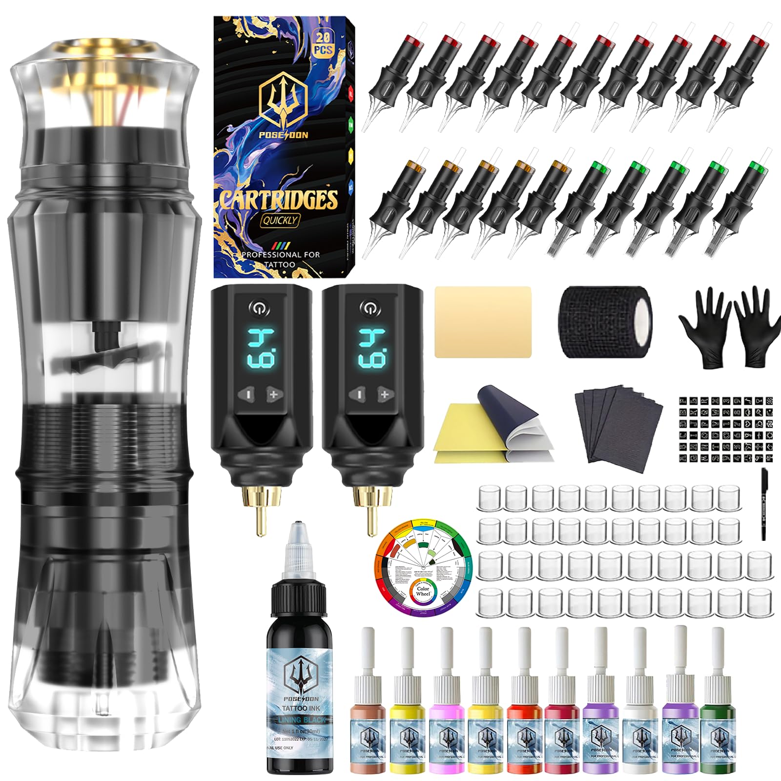 POSEIDON Akku-Rotary Tattoo Machine Kit mit 20 Tattoo-Kartuschennadeln, Tintenset & 2 Akkus | Professionelles Tattoo-Gerät für Anfänger | Komplettes Starter-Set
