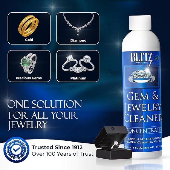 Blitz Gem & Jewelry Cleaner Liquid Concentrate for Gold, Silver, Platinum Jewelry Cleans Non-Porous, Precious & Semi-Precious Stones. Non-Toxic, Non-Abrasive, Planet Friendly Made in USA 8oz